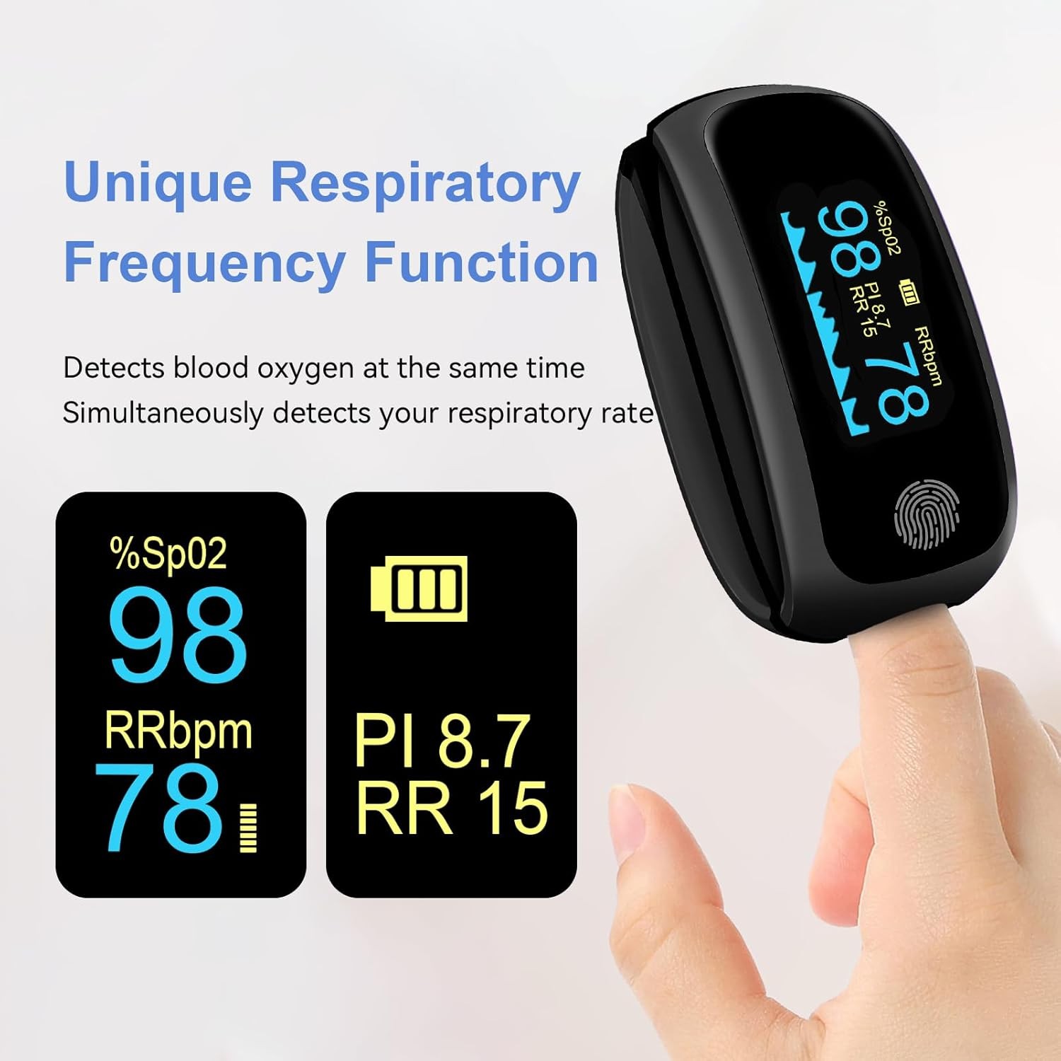 Rechargeable pulse oximeter with respiration, with O2 Pulse Rate PI RR Respirato