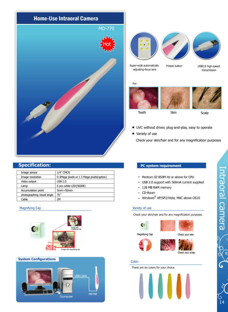 Dental 1.3 Mega Pixels USB 1/4″ CMOS Mini Intraoral Oral Camera 6pcs White LEDs