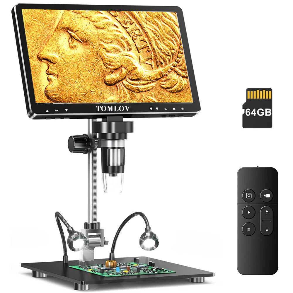 TOMLOV DM9 Max 10.1″ HDMI Digital Microscope 5-1500X 20MP Coin Microscope 10 LED