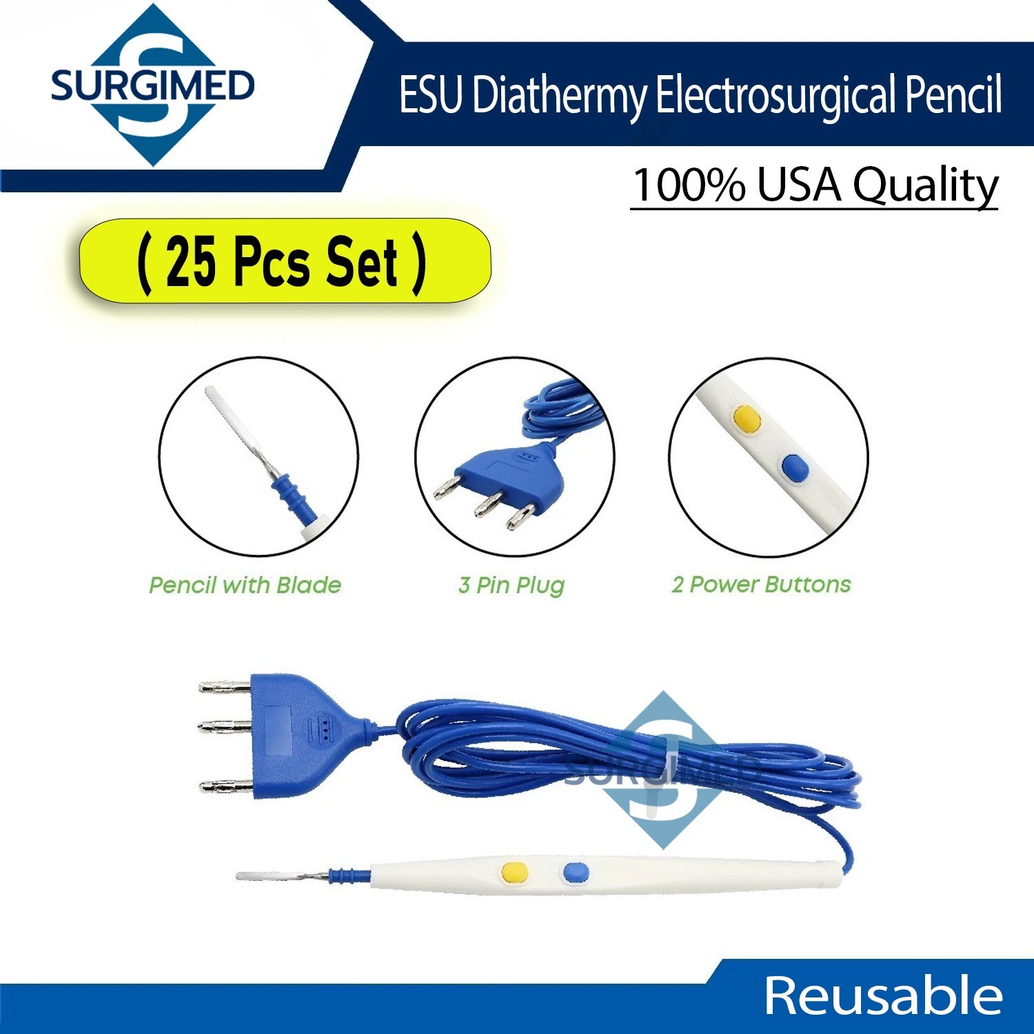 Diathermy ESU Cautery Electrosurgical Pencil with Blade Electrode Pack of 25 Pcs