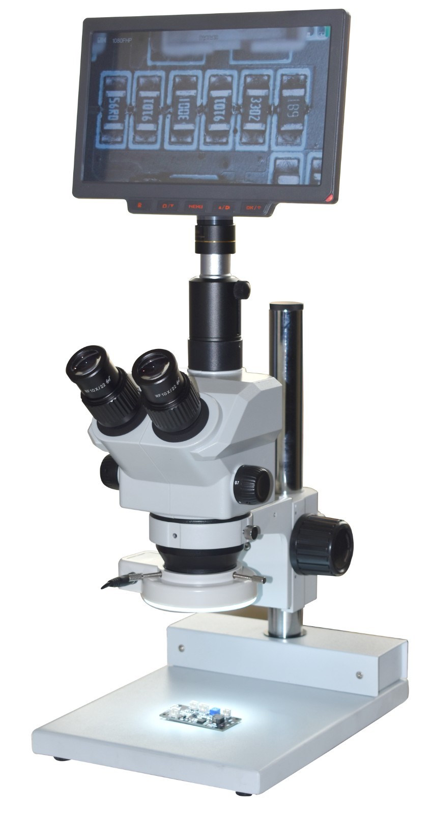 Stereo Zoom Microscope 7–60× 1:9 Zoom 115mm WD w/ 4K Camera + 9” 4K Display