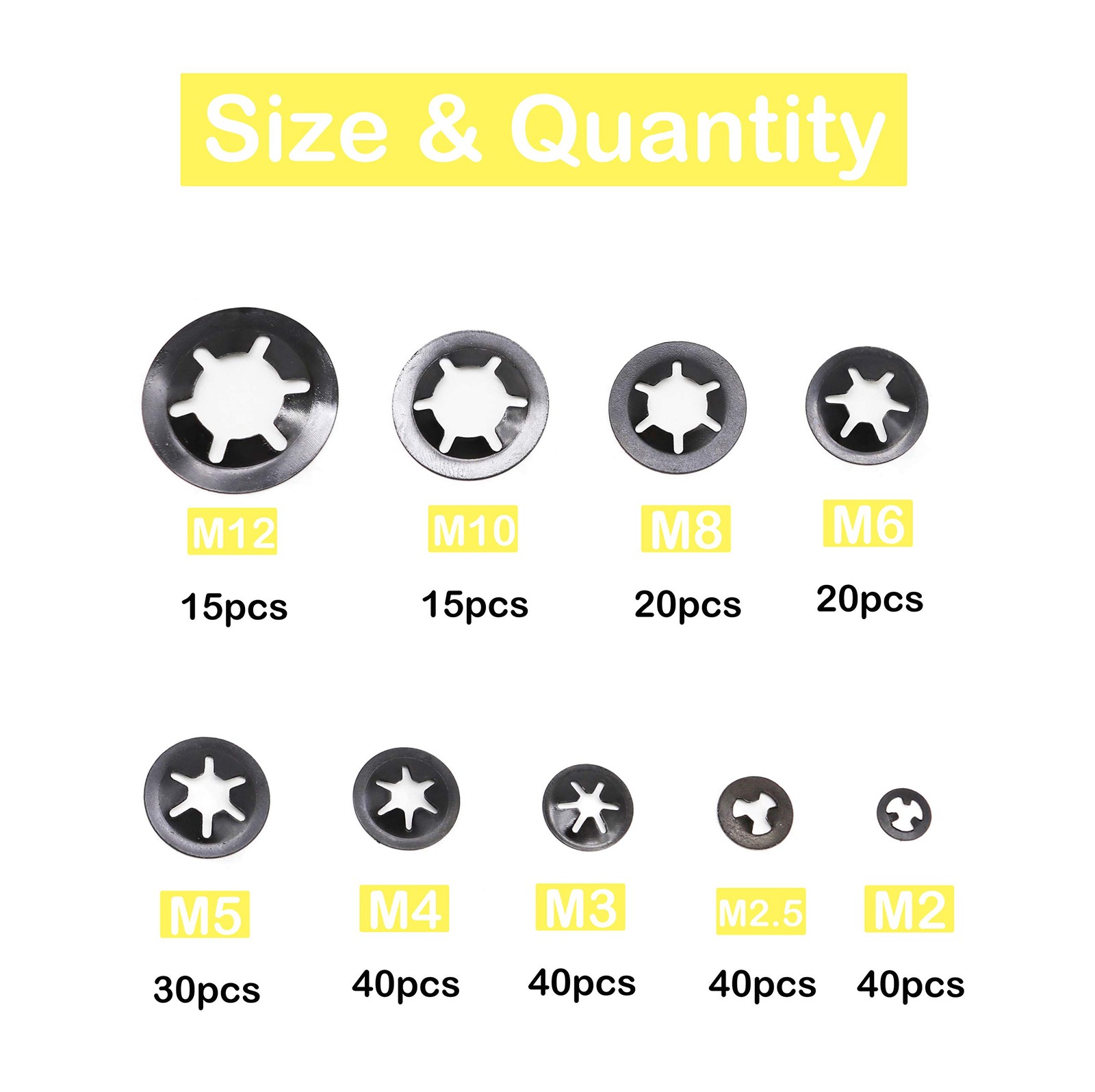 260pcs[9 Sizes] Black Starlock M2, M2.5, M3, M4, M5, M6, M8, M10, M12,