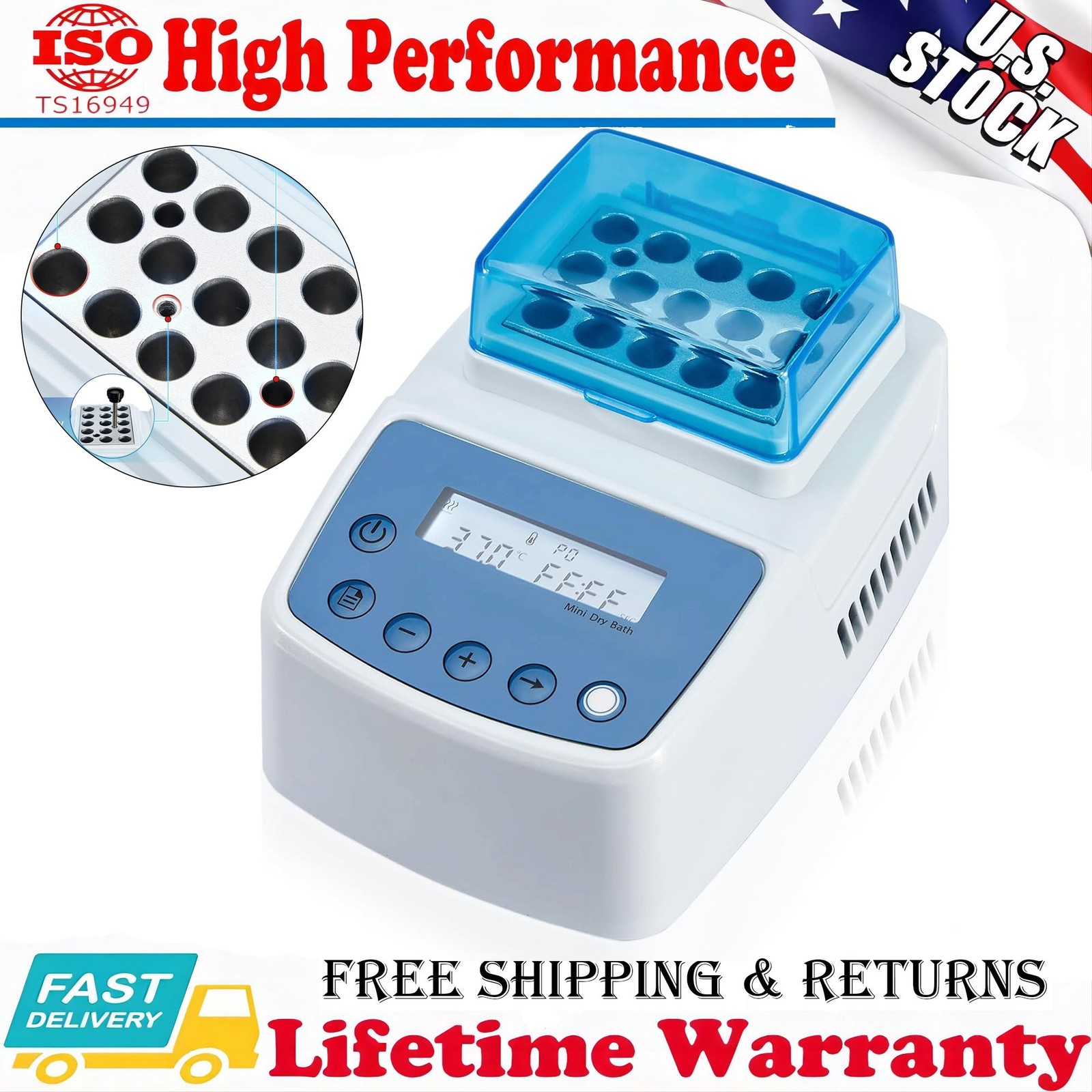 Mini Dry Bath Incubator + 15×1.5ml Heating Block Digital Lab Thermostatic Heater