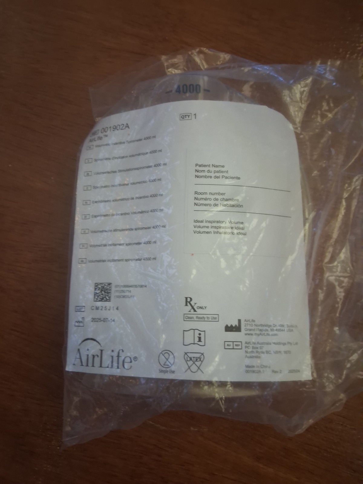 AirLife 001902A Volumetric Incentive Spirometer 4000mL Respiratory Device