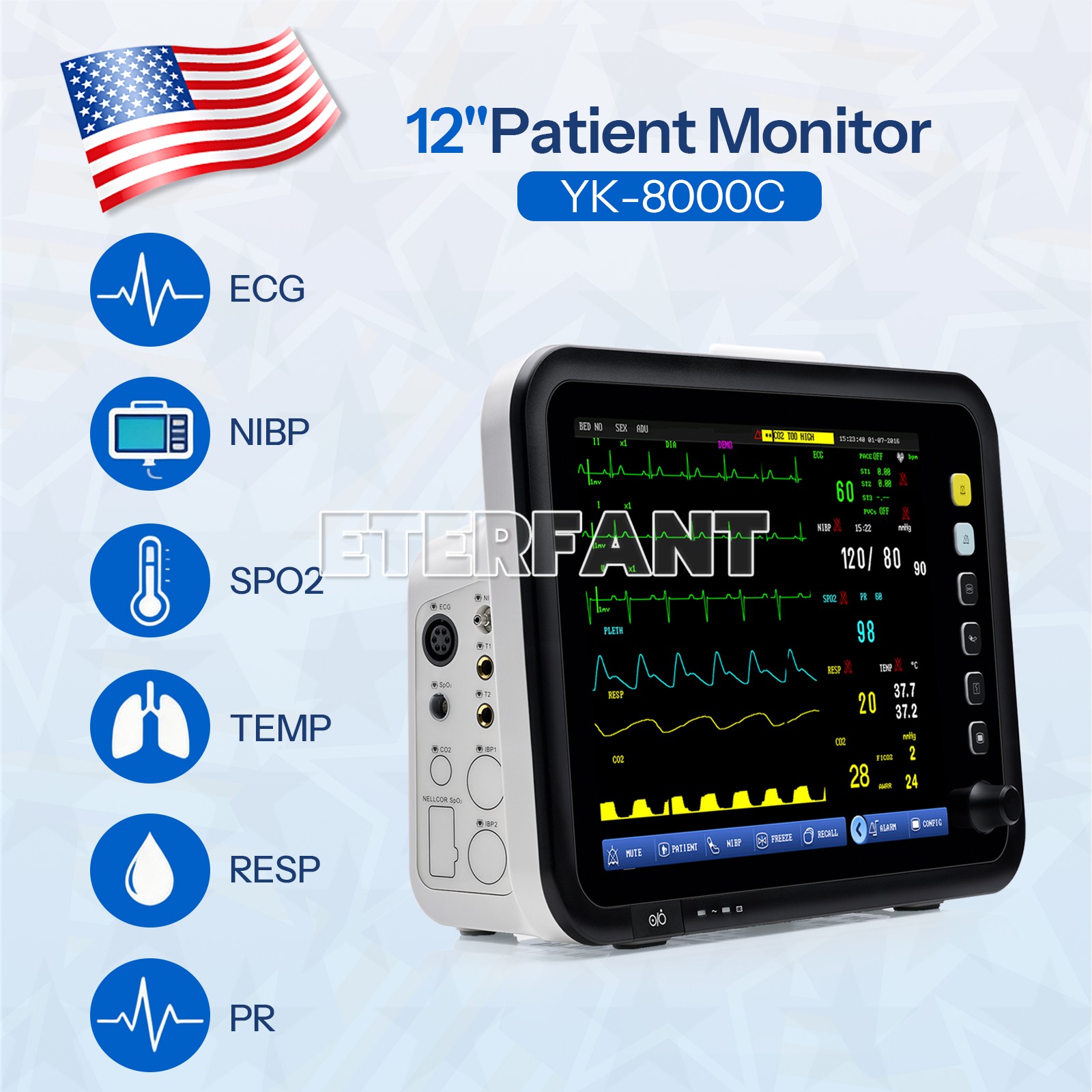 12″ Patient Monitor ICU CCU Vital Signs Monitor ECG, RESP, TEMP, NIBP, SPO2, PR