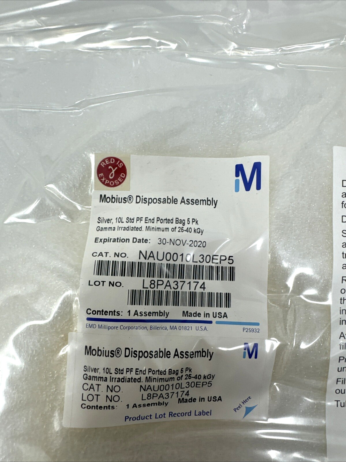 Millipore Mobius Disposable Assembly NAU0010L30EP5 PACK OF 5 SILVER 10L EXPIRED