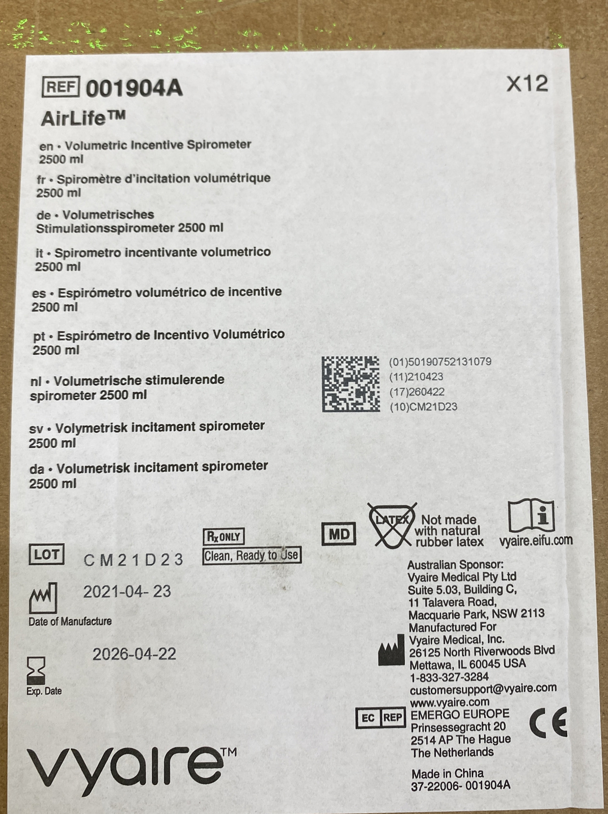 Box Of 12 CareFusion 001901A AirLife Volumetric Incentive Spirometer, 2500 mL