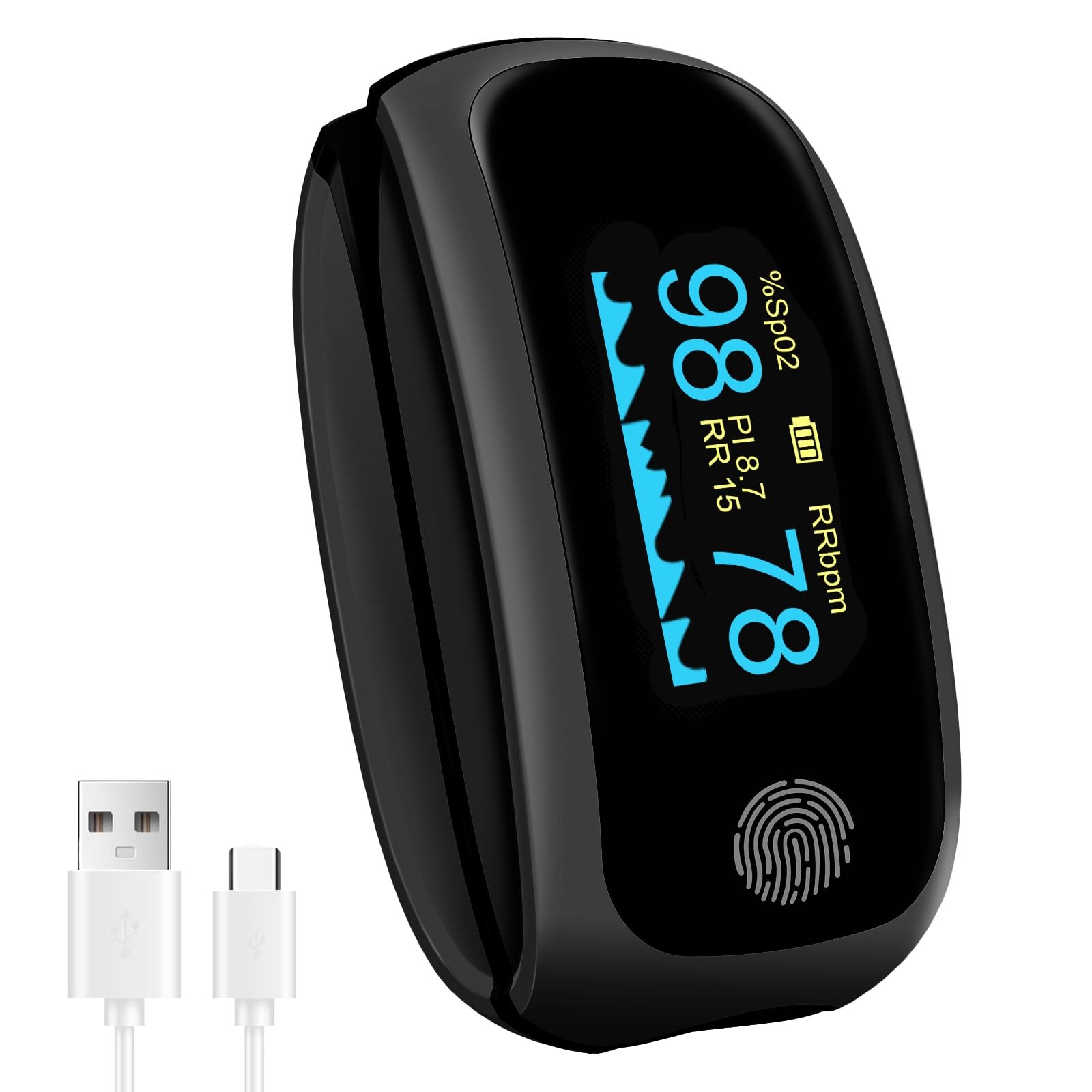 Rechargeable pulse oximeter with respiration, with O2 Pulse Rate PI RR Respirato