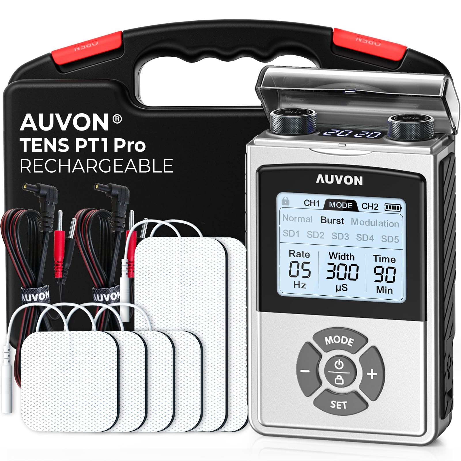 AUVON Rechargeable Digital TENS Unit Muscle Stimulator with 600 mAh A Silver