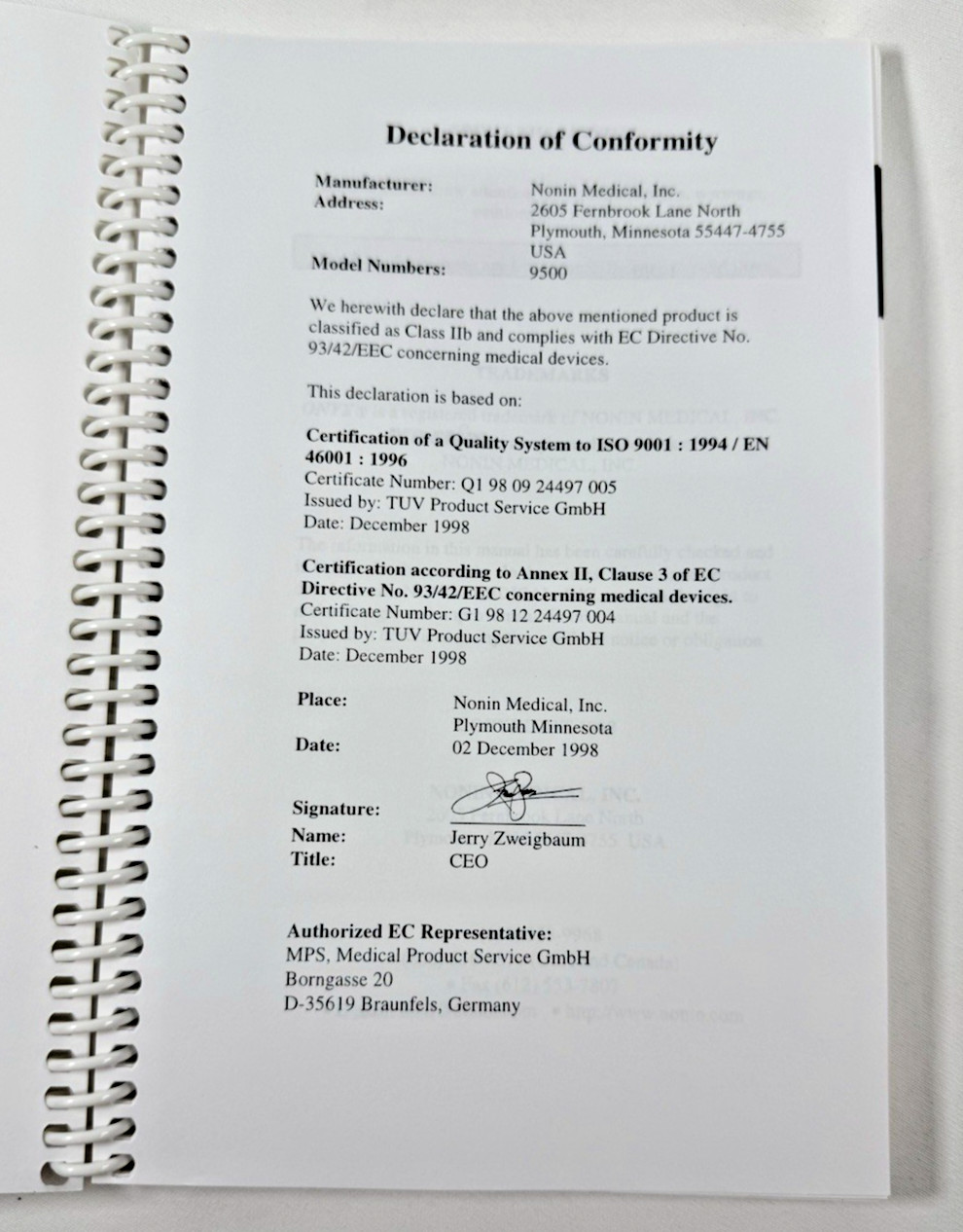 Nonin Onyx Finger Pulse Oximeter Instruction and Service Manual, 1998