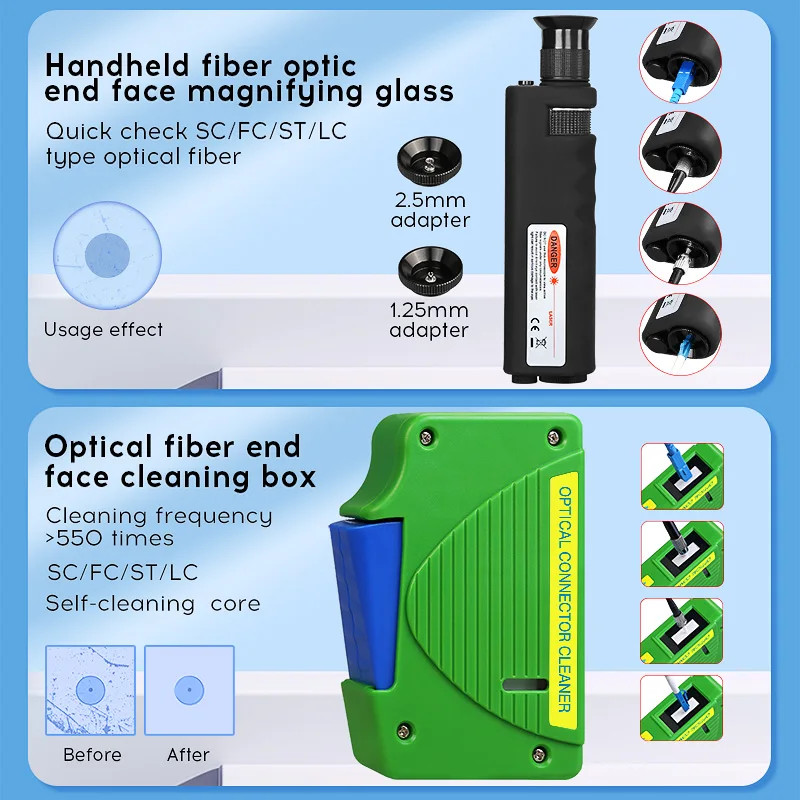 Fiber cleaning Tool Kit 400X Fiber Optic Microscope 1.25/2.5mm MPO Cleaning Pen/