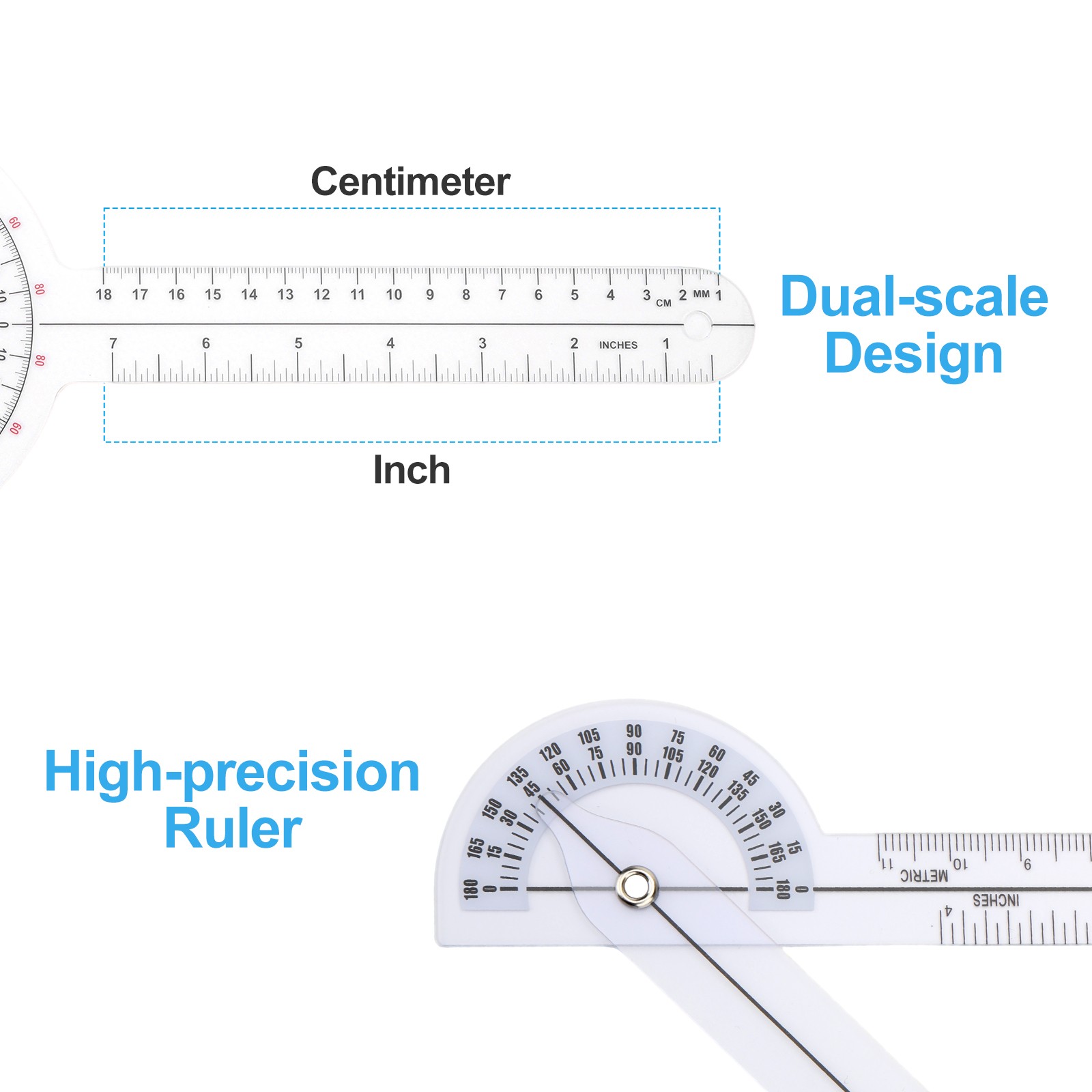 6PCS Clear Spinal Goniometer Protractor Ruler Set 360 Degree 12 8 6 Inch Rehab