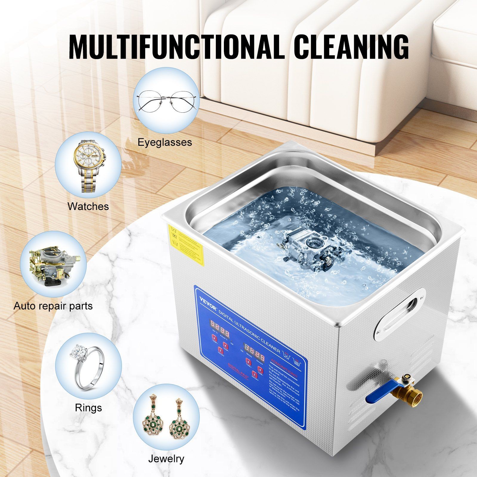Digital 40kHz 9.3L Ultrasonic Cleaner Heating Function SUS304 Steel 110V