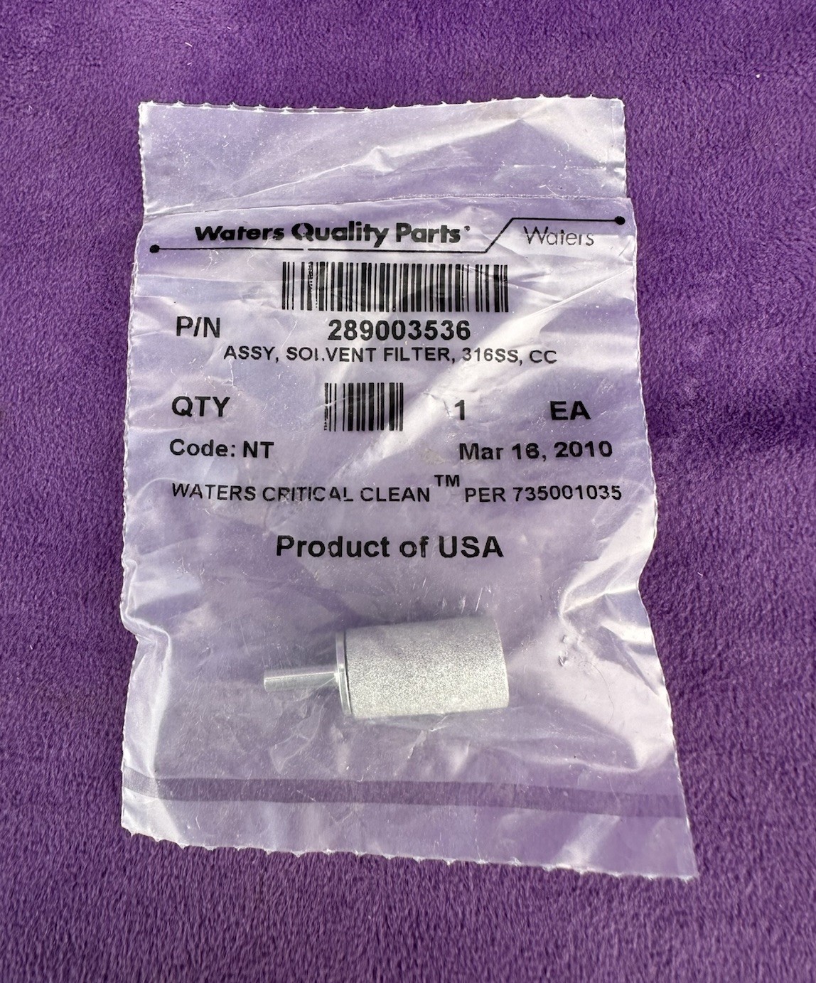 WATERS PN 289003536 Assy, Solvent Filter. 1 each – NEW IN BAG