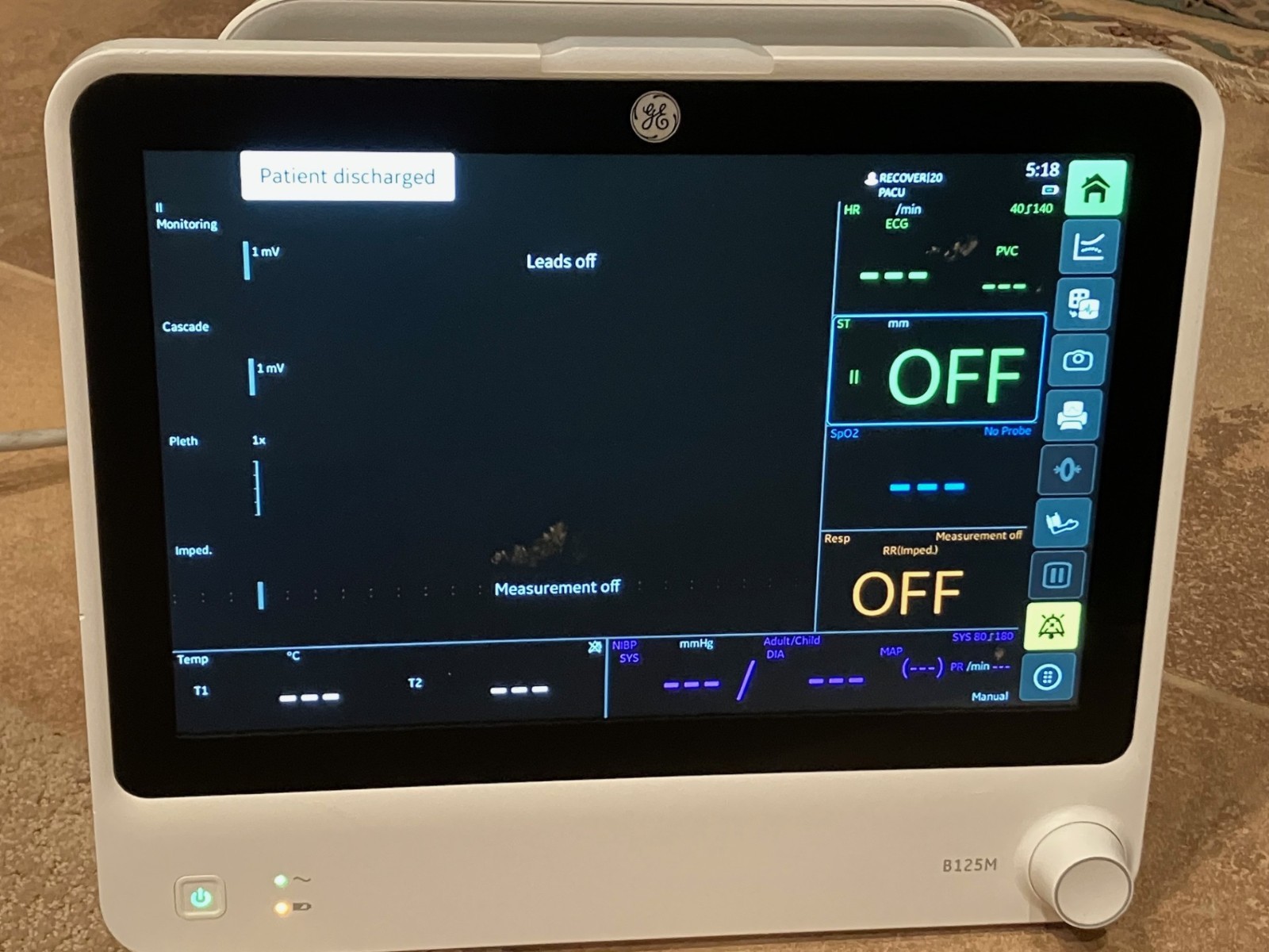 GE Carescape B125M Patient Monitor ECG, NIBP, SpO2, Temp – TESTED – See Listing