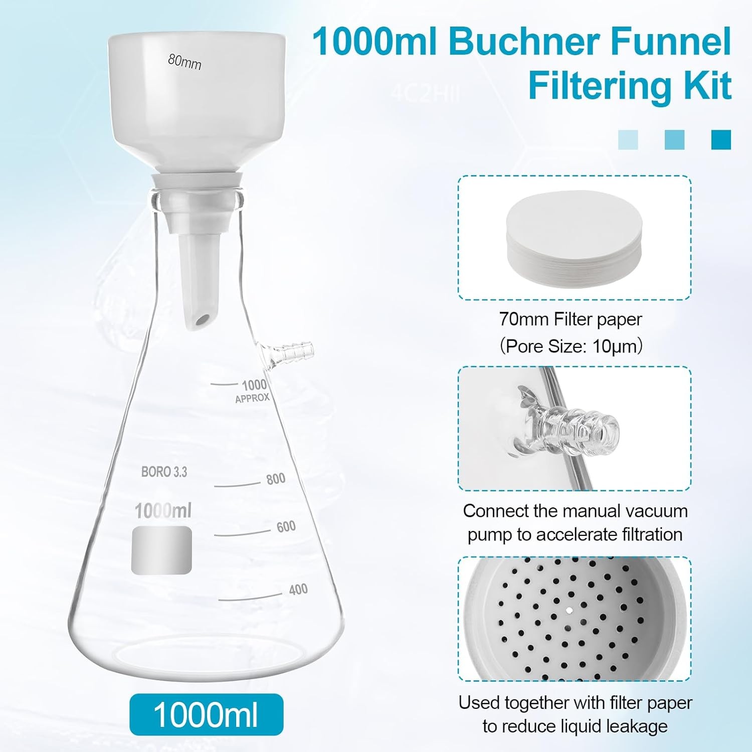 500ml/1000ml Lab Funnel Filtering Flask Lab Filters Kit w/ Lab Hand Vacuum Pump
