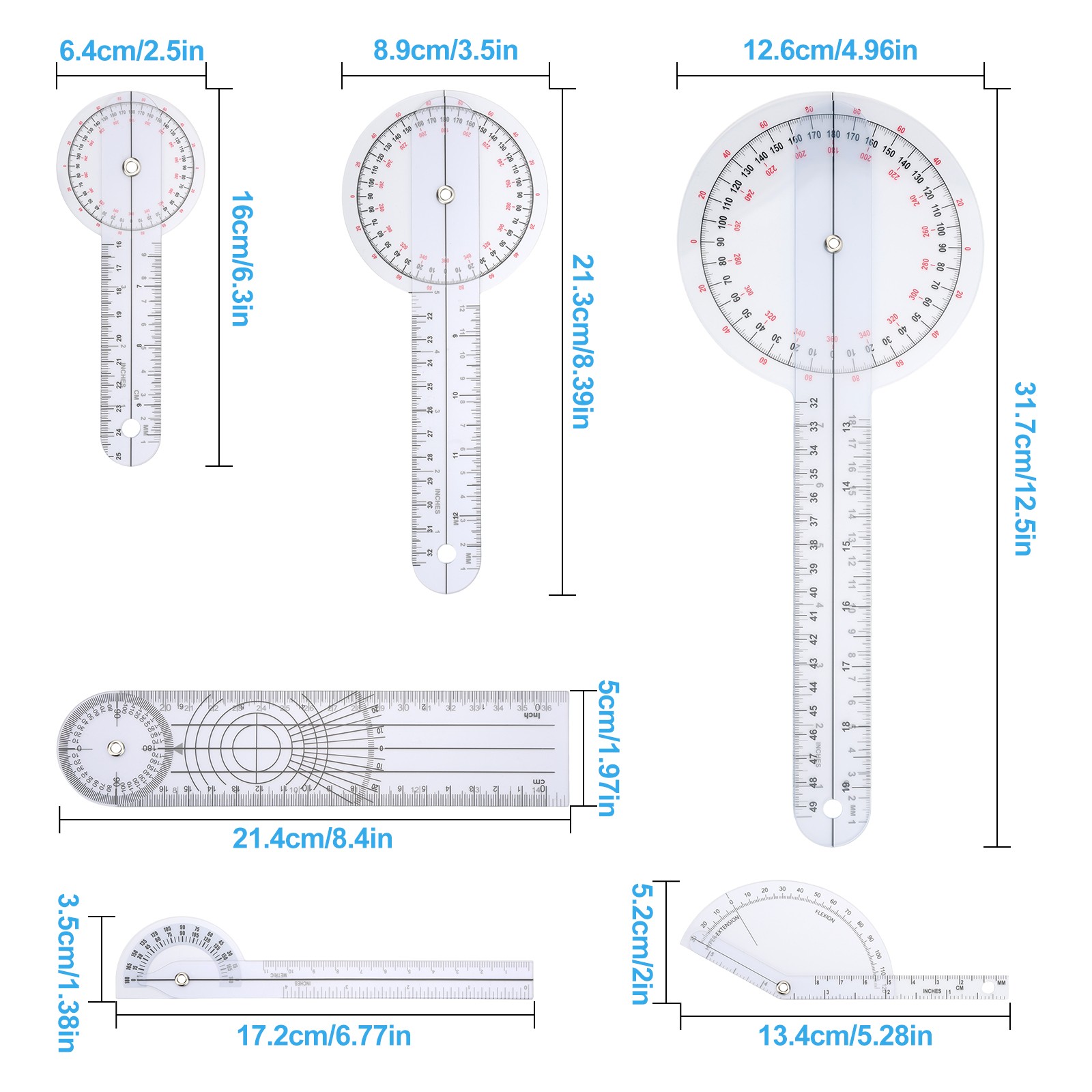 6PCS Clear Spinal Goniometer Protractor Ruler Set 360 Degree 12 8 6 Inch Rehab