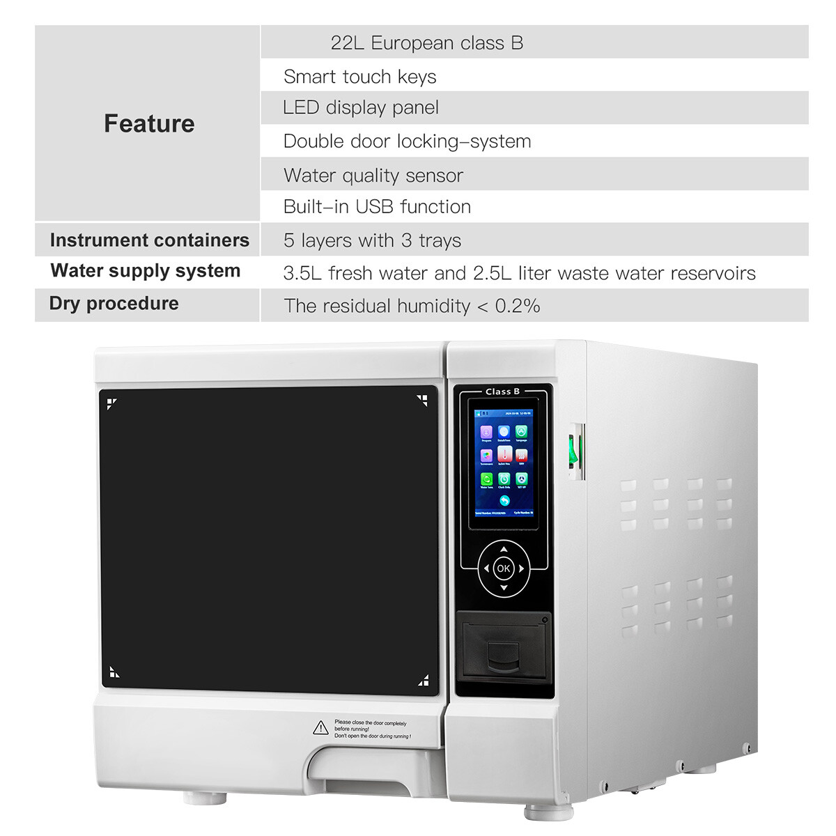 22L Dental Autoclave Steam Sterilizer Top Class B Built-in Printer/Torry Cart