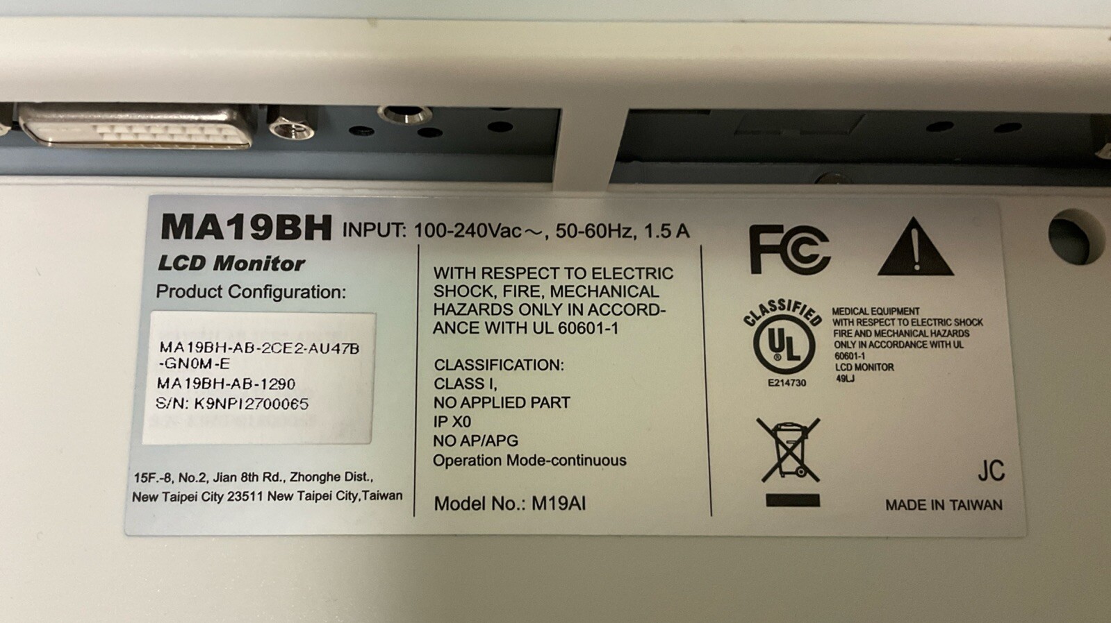 Unbranded MA19BH LCD Monitor | Model M19AI | No Power Supply