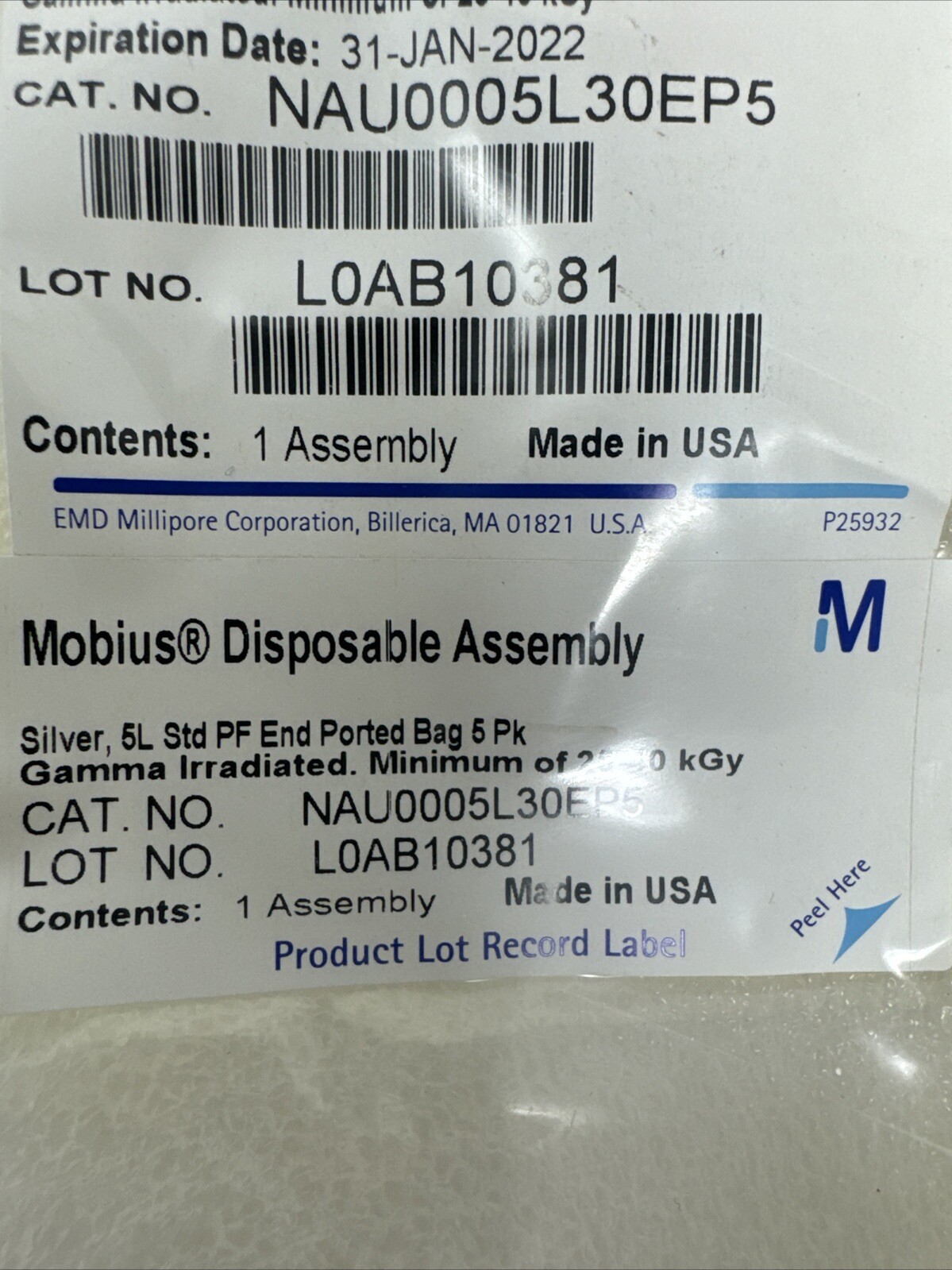 Millipore Mobius Disposable Assembly NAU005L30EP5 PACK OF (5) SILVER 6L EXPIRED