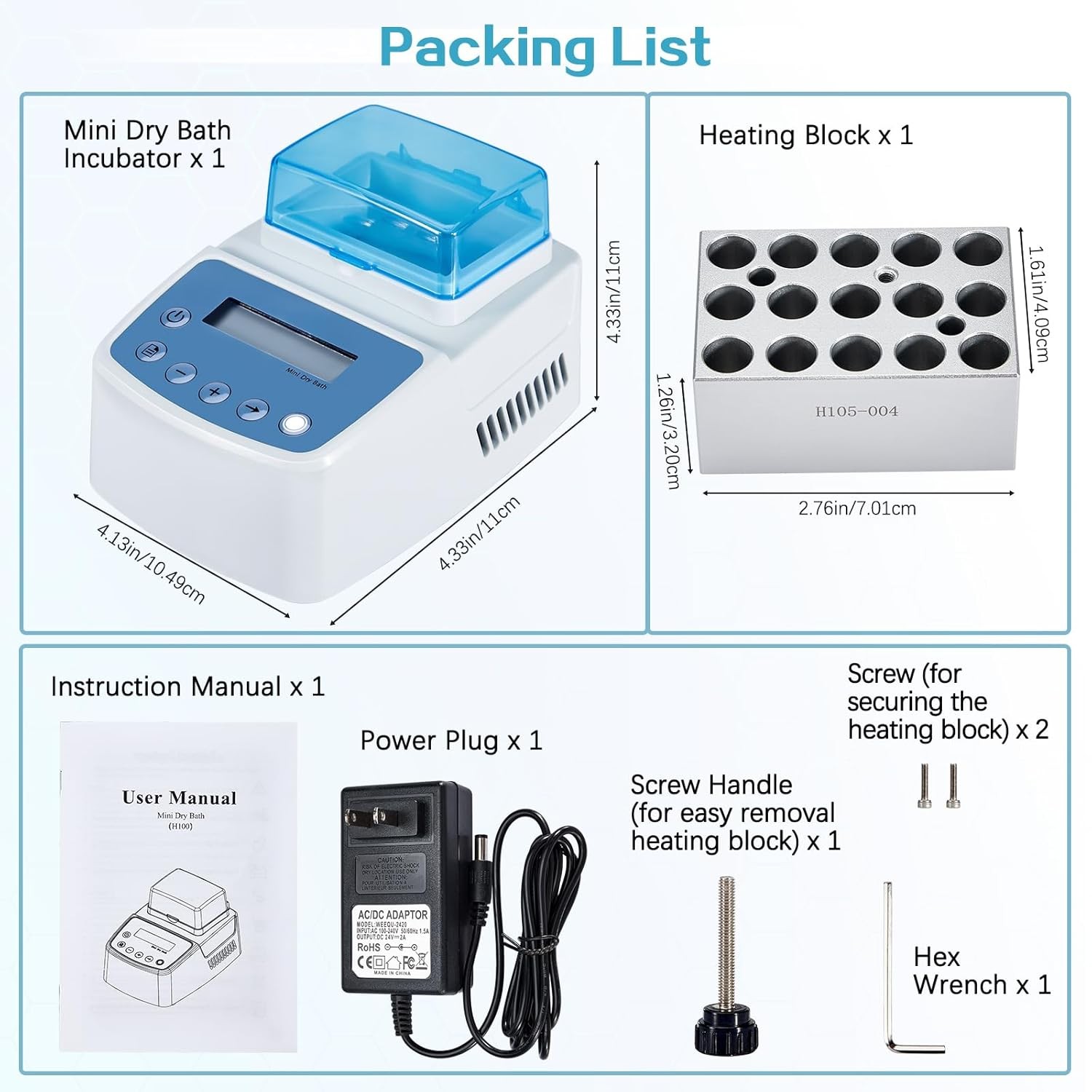 Mini Dry Bath Incubator w/15×1.5ml Heating Block Digital Lab Thermostatic Heater