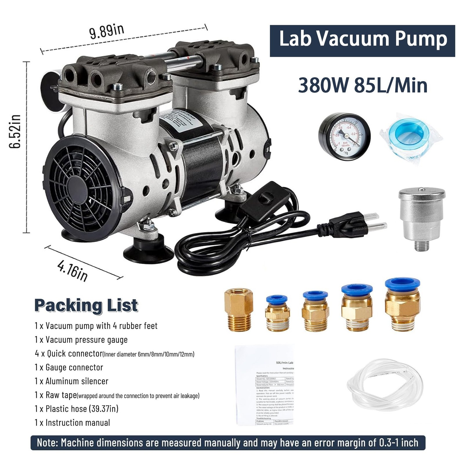 Lab Vacuum Pump 85L/Min with Switch 380W Oilless Vacuum Pump (or 180W 50 L/min)
