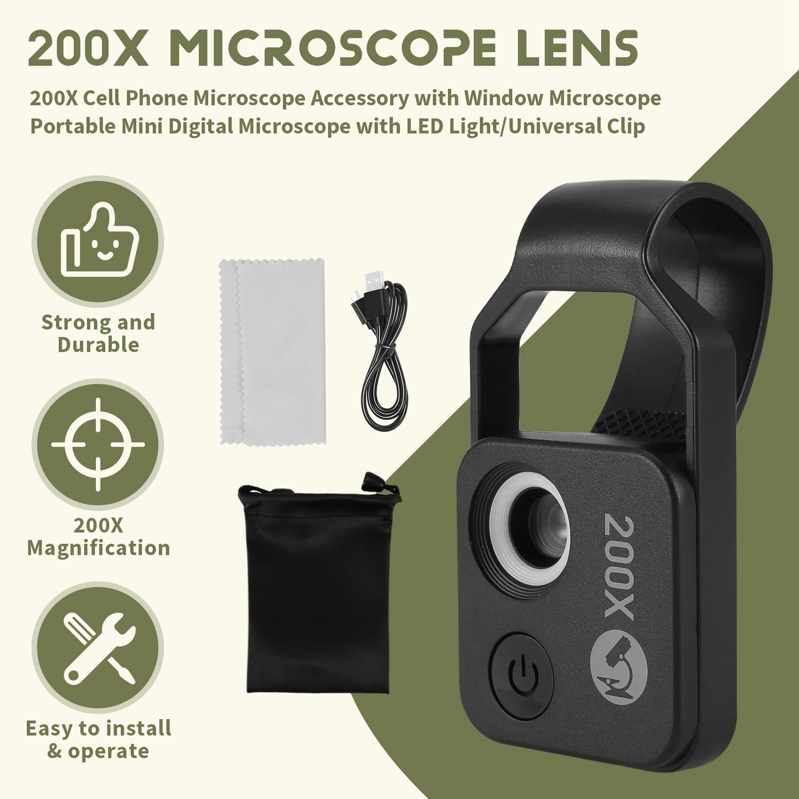 200X Cell Phone Microscope Accessory with Window Microscope, Portable 8106