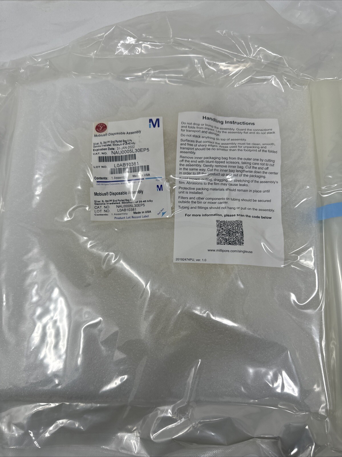 Millipore Mobius Disposable Assembly NAU005L30EP5 PACK OF (5) SILVER 6L EXPIRED