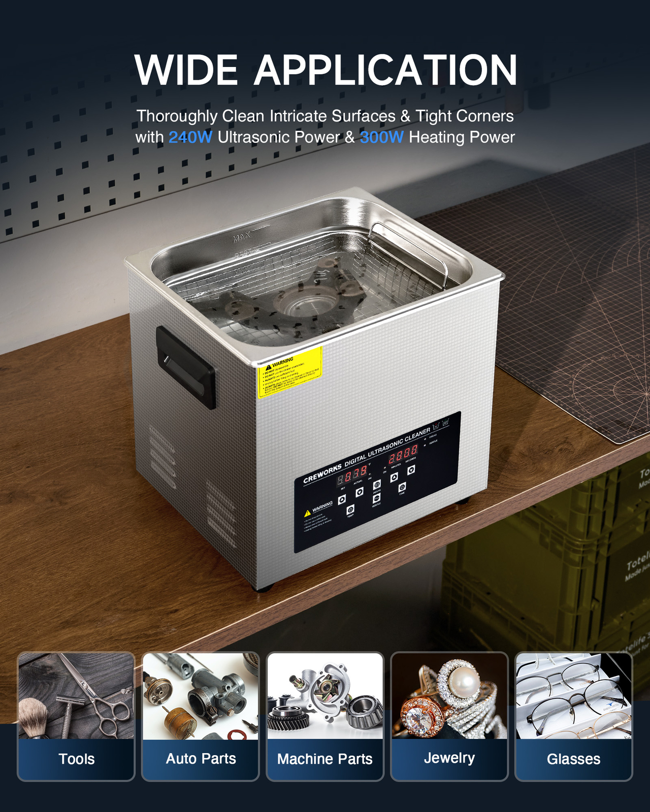 CREWORKS Stainless Steel 10L Ultrasonic Cleaner w/ Timer for Jewelry Dentures