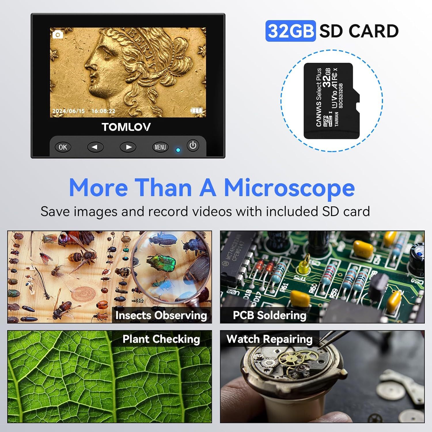 TOMLOV 4.3″ Digital Microscope 1000X Coin Microscope 1080P Soldering microscope
