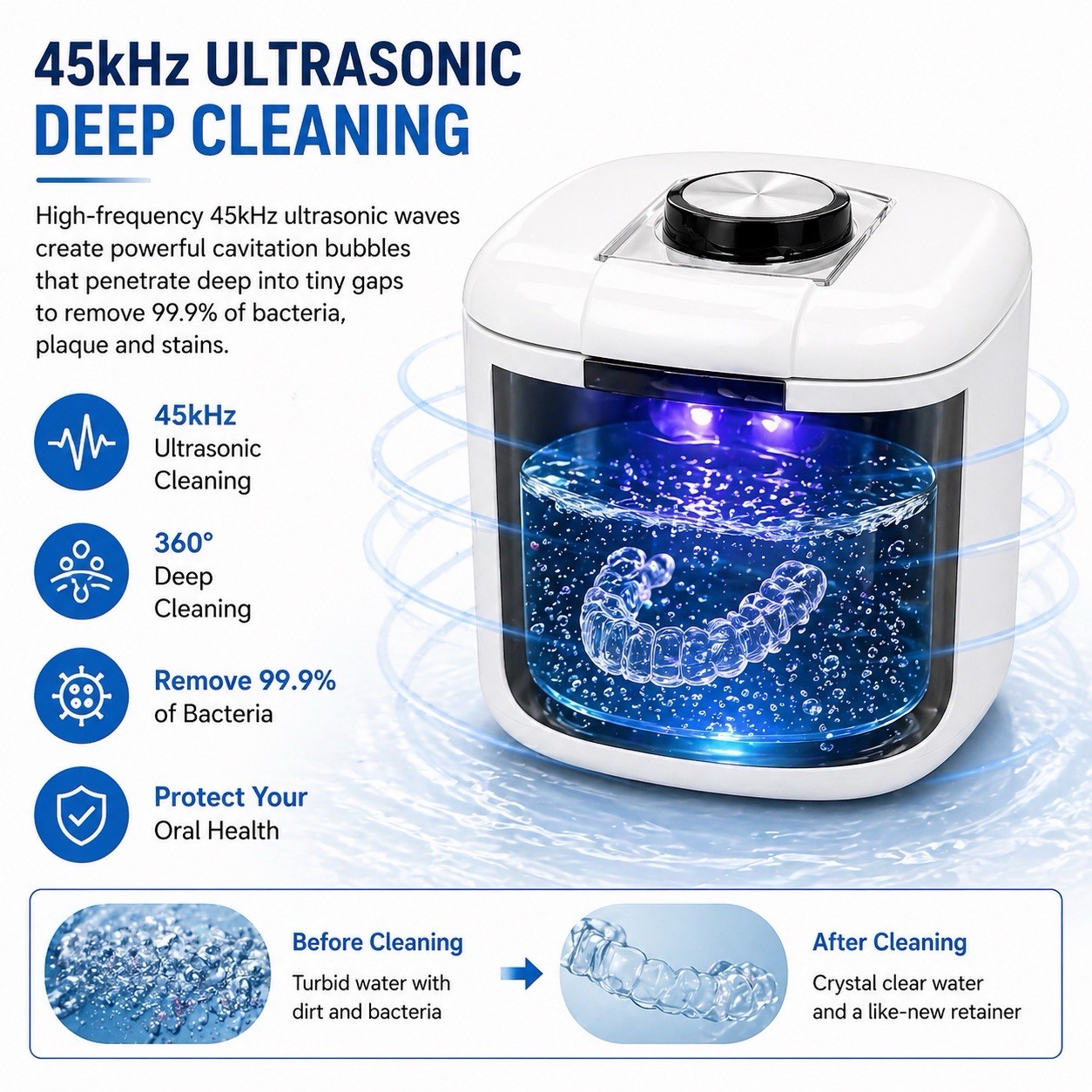 Ultrasonic Retainer Cleaner 45kHz Protable Retainer Cleaner UV LED