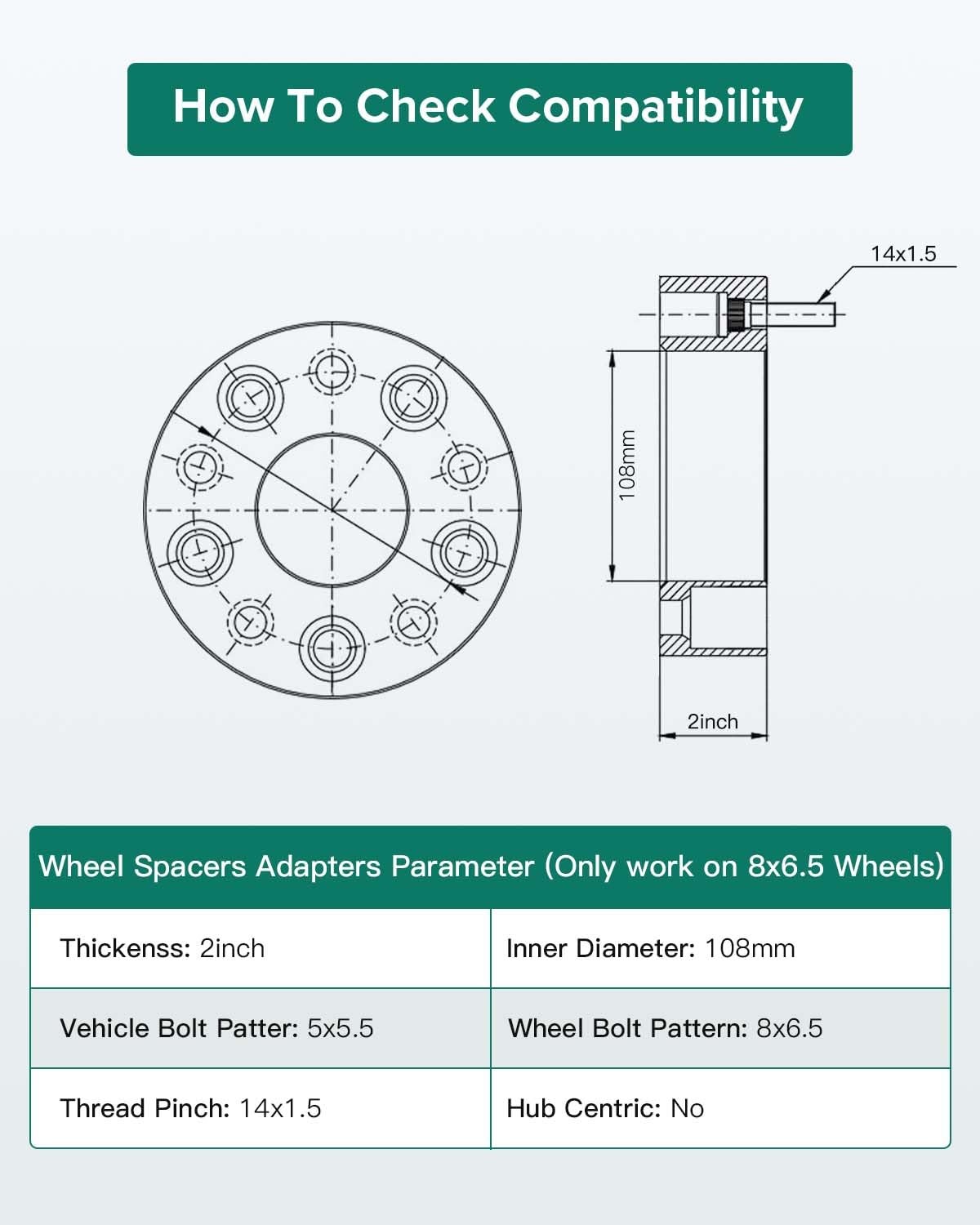 5×5.5 to 8×6.5 Wheel Spacers 2″ Lug Centric 14×1.5 108mm Ram 1500 2012-2018 4pc
