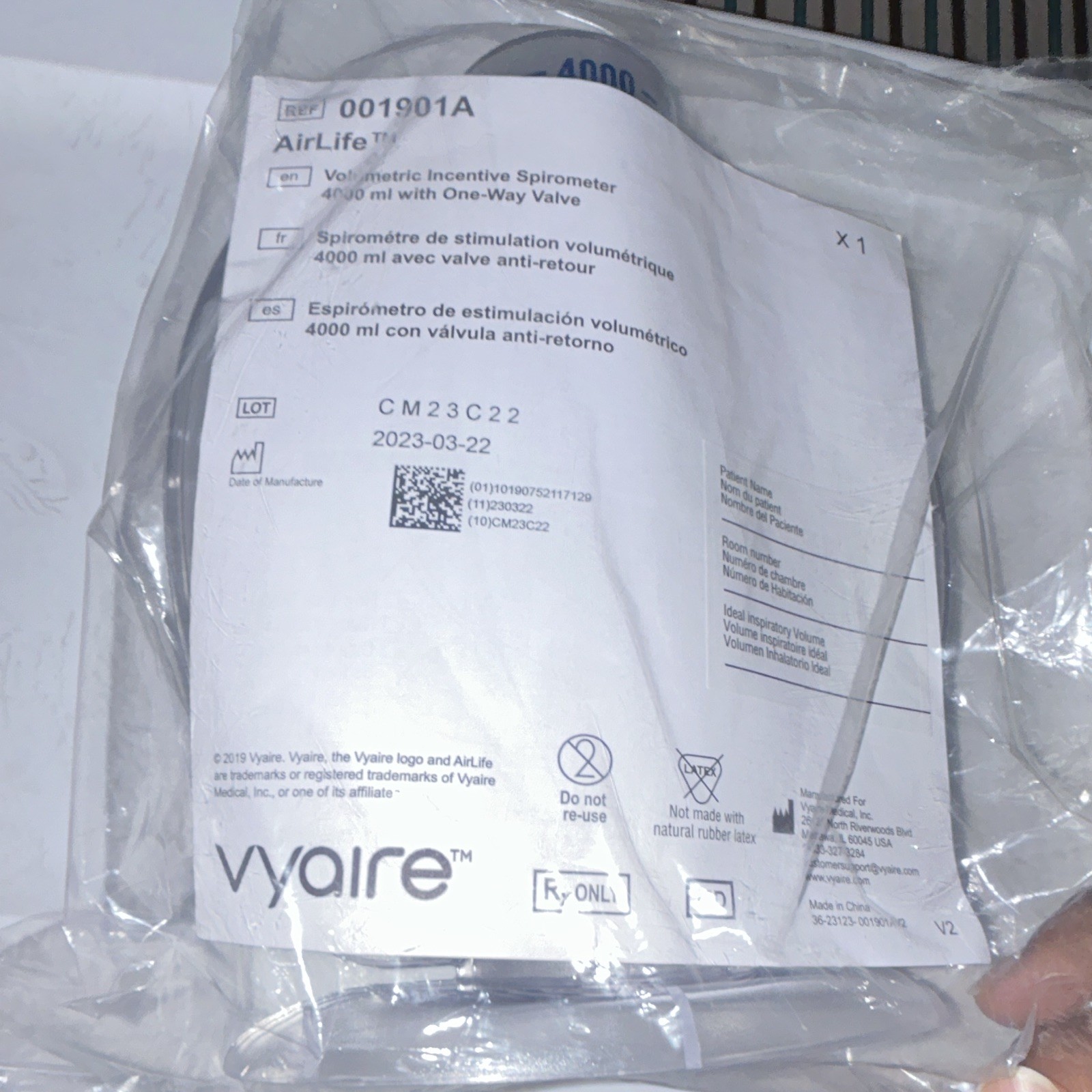AirLife Handheld Incentive Spirometer 4000 mL One-Way Valve Respiratory 001901A