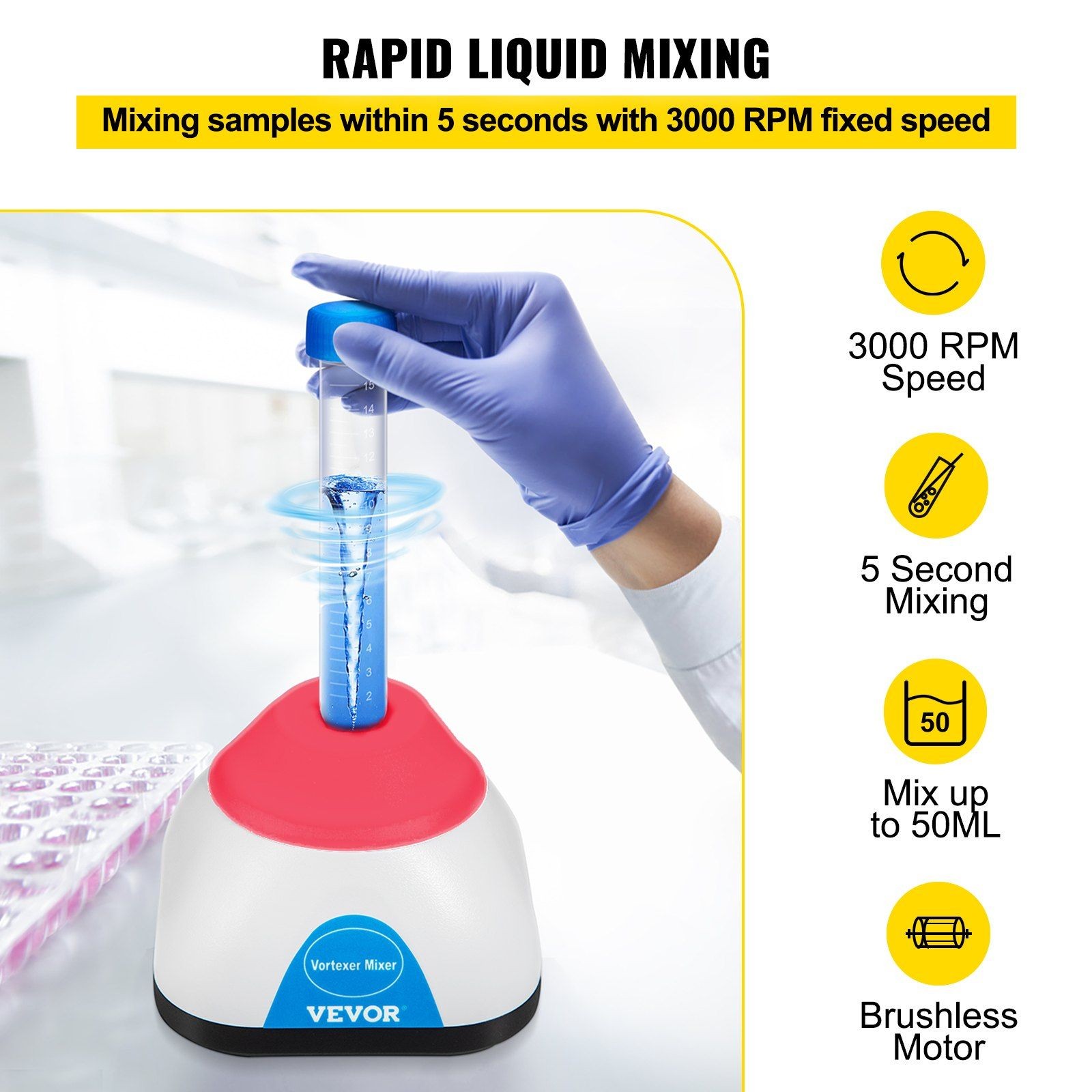 Efficient Vortex Mixer 3000RPM, 6mm Orbit, 50mL, Touch Control System