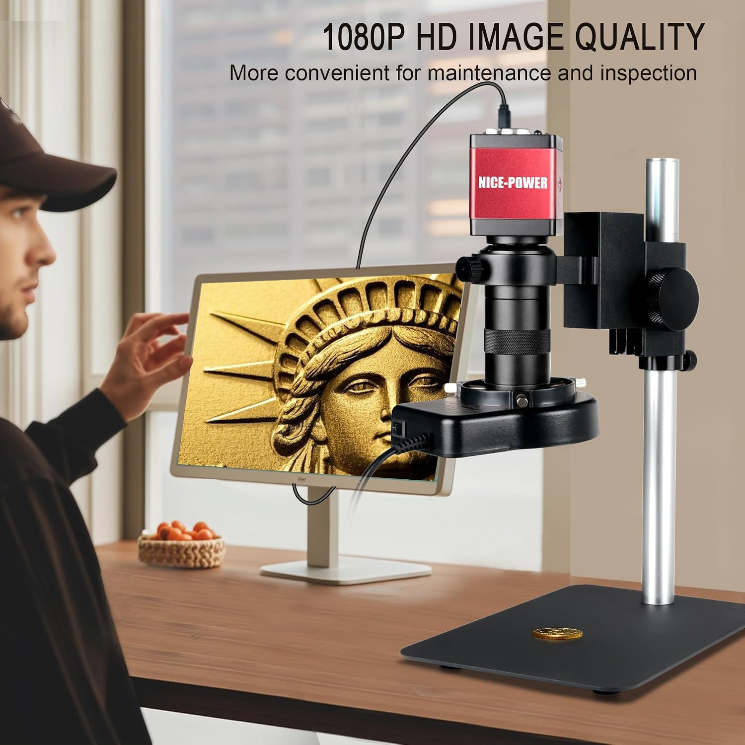 Digital Microscope with Metal Base, 13MP 1080P HDMI VGA Industrial Microscope Ma