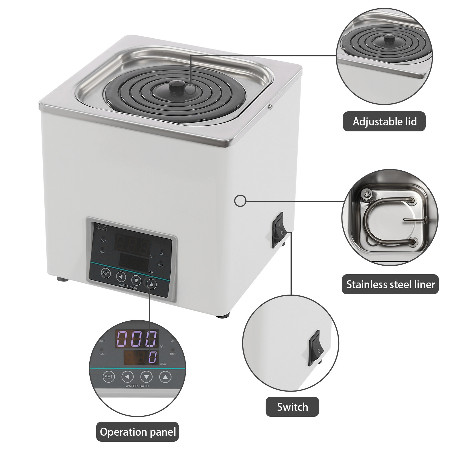 300W 3L Lab Water Bath Heater with Adjustable Lid and Safety Feature