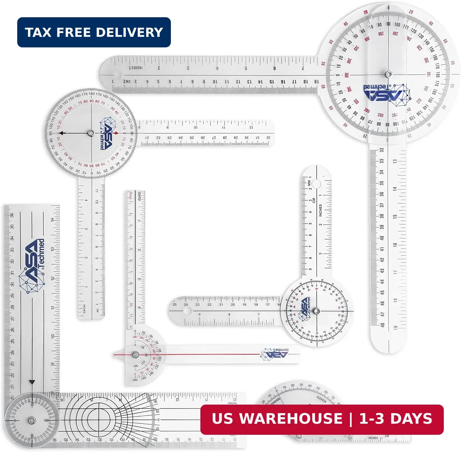ASA TECHMED 6 Pcs 360° 12, 8 and 6 Inch Medical Spinal Goniometer Angle Protract