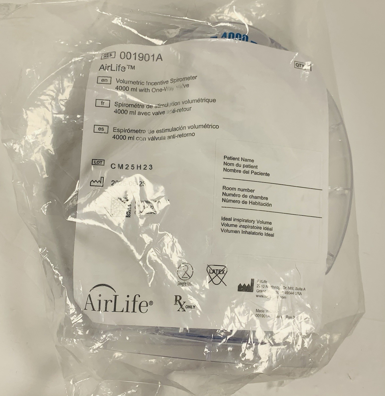 AirLife Volumetric Incentive Spirometer with One-Way Valve 4000 mL 001901A NEW