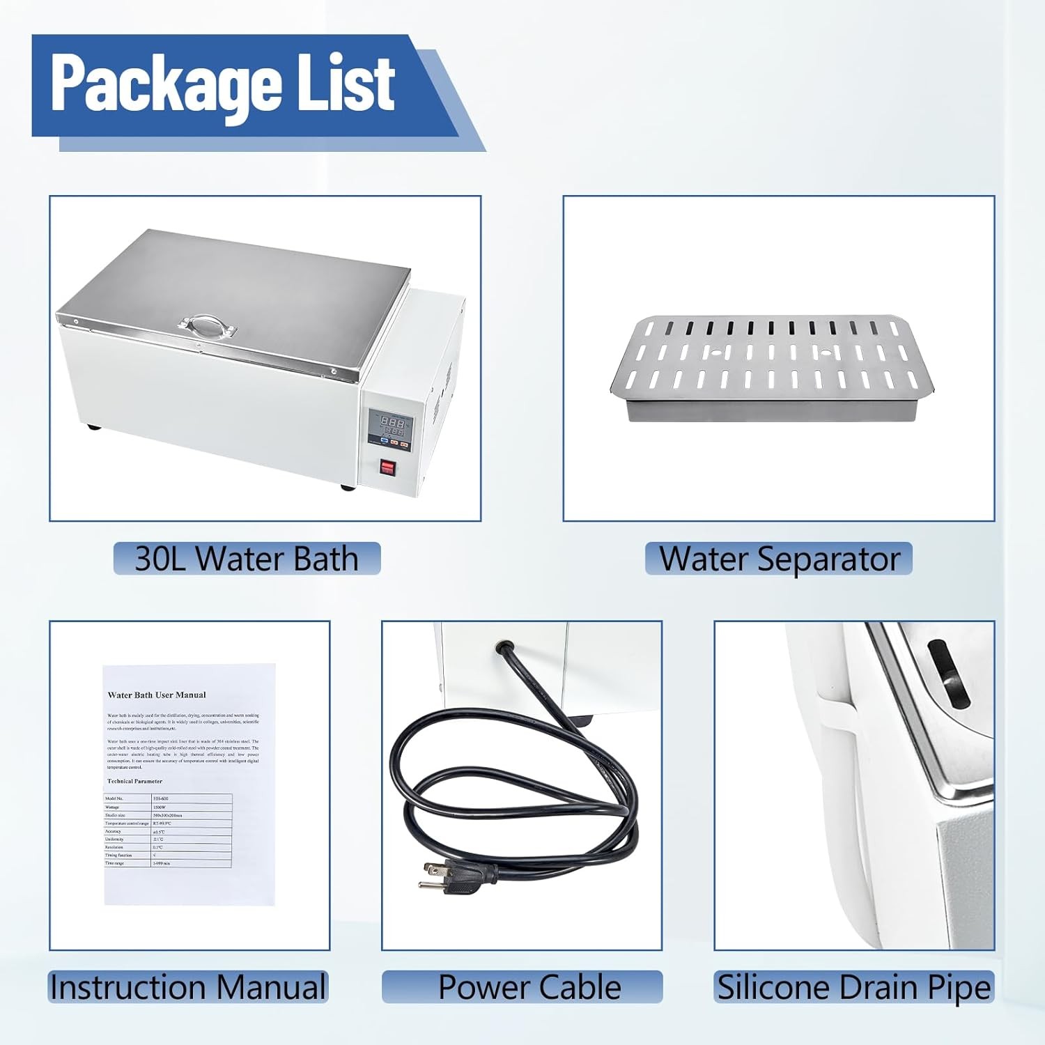 Lab Water Bath 30L w/ Digital Control &Timer RT-99.9℃ Range 304 Stainless Steel