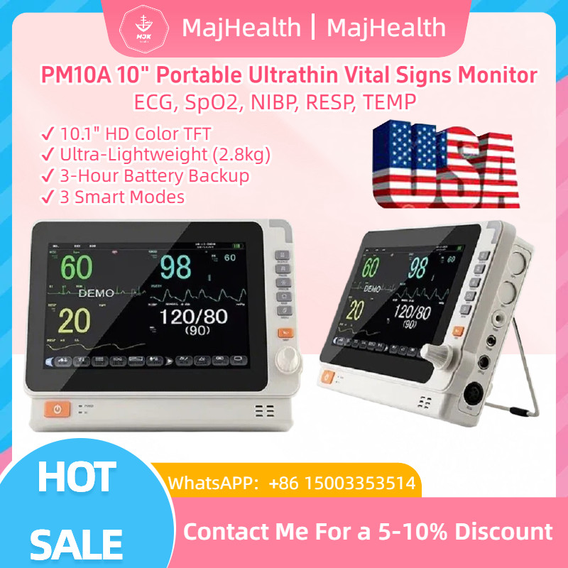 Vital Signs Monitor Portable 10″ – ECG, SpO2, NIBP, Respiration, Temp | PM10A