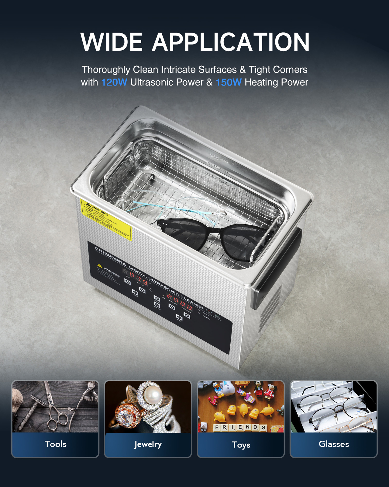 CREWORKS Ultrasonic Cleaner 3L Stainless Steel Industry Heated Heater w/Timer