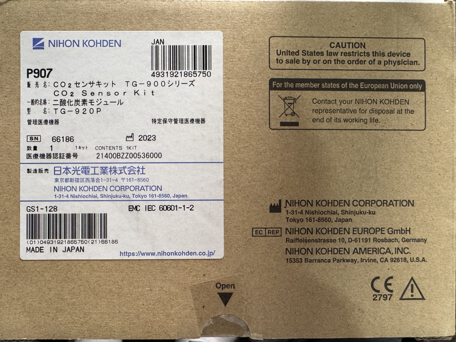 Nihon Kohden P907 TG-920P TG-121T CO2 Sensor Kit