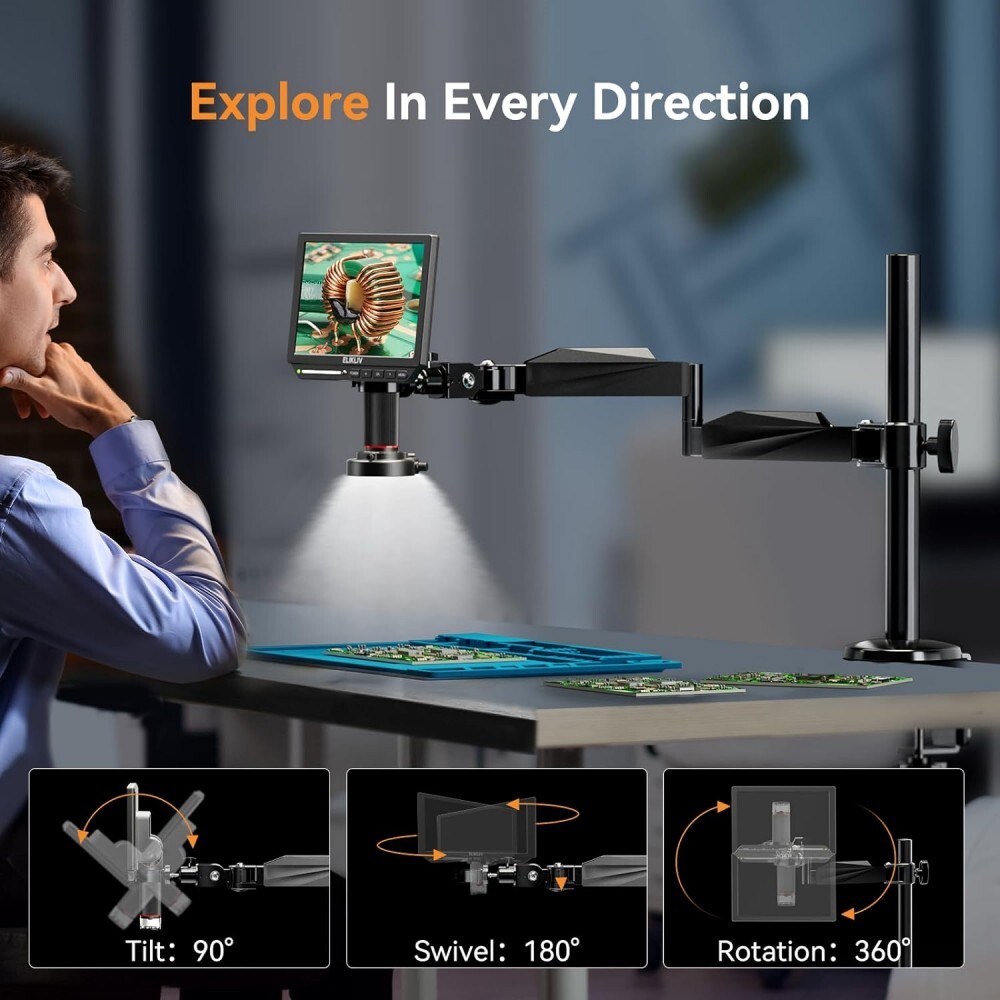 Elikliv 4K Soldering Digital Microscope 52MP 10.1″ HDMI with 360° Flex Arm Stand