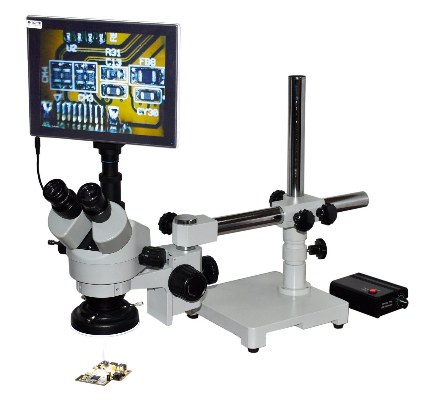 PCB Inspection Stereo Microscope — 1:9 Zoom 7-120×, 175 mm WD, 4K Display