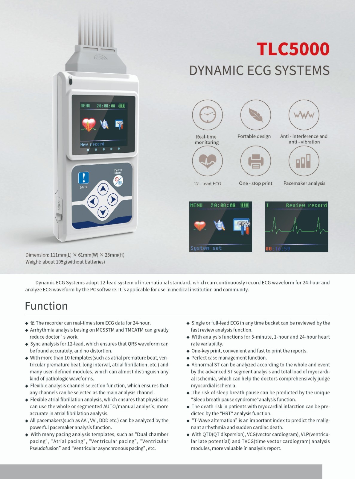 Professional TLC5000 12-Channel Holter ECG Machine -24-Hour Portable EKG Monitor