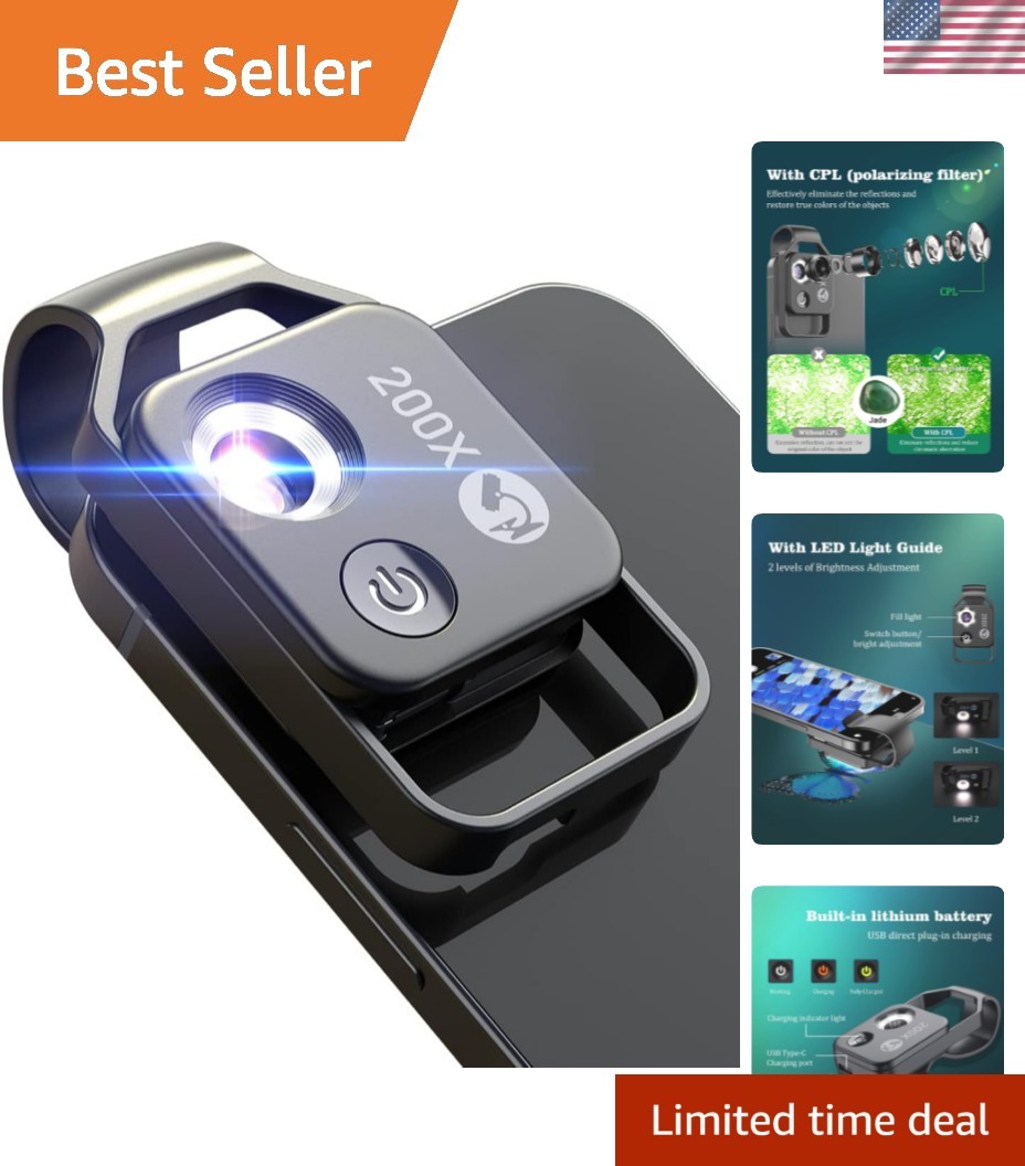 LED-Illuminated 200X Phone Microscope Camera Attachment – Gift for Curious Minds