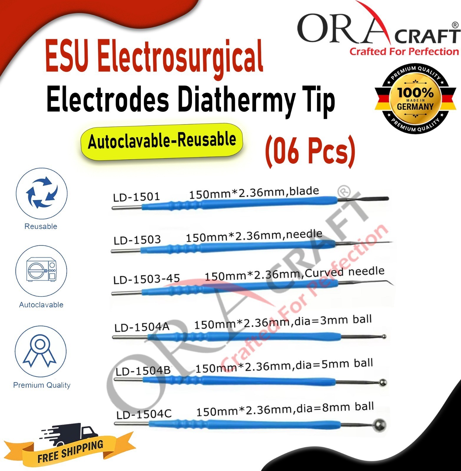 ESU Electrosurgical Electrodes Diathermy Tip Autoclavable-Reusable (6 Pcs)