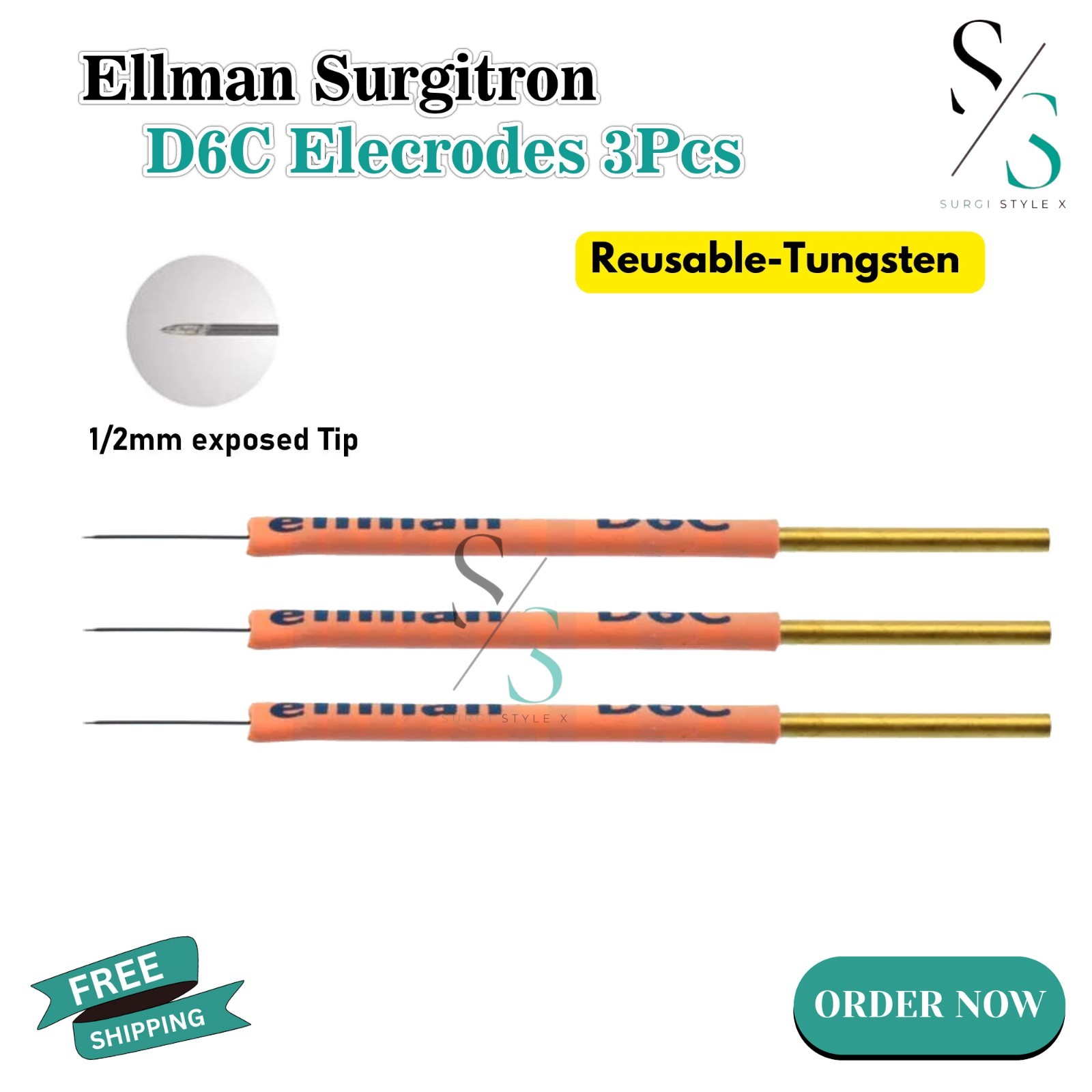 Ellman Surgitron D6C Insulated Needle Electrodes 3Pcs Set Reusable Tungsten Tip-