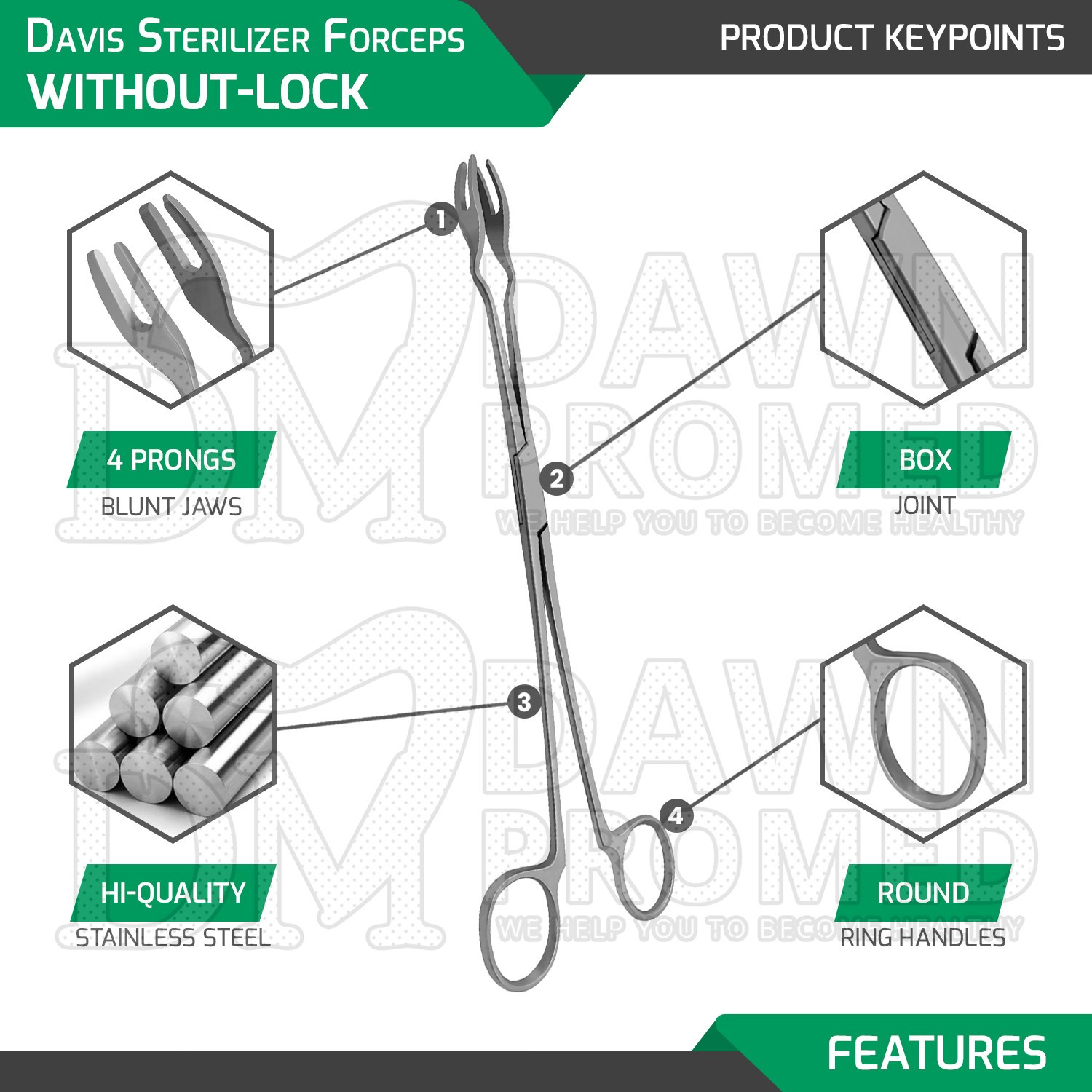 6 Pcs Davis Sterilizer Forceps 10″ 4-Prong Without Lock Lab Dental Surgical Set