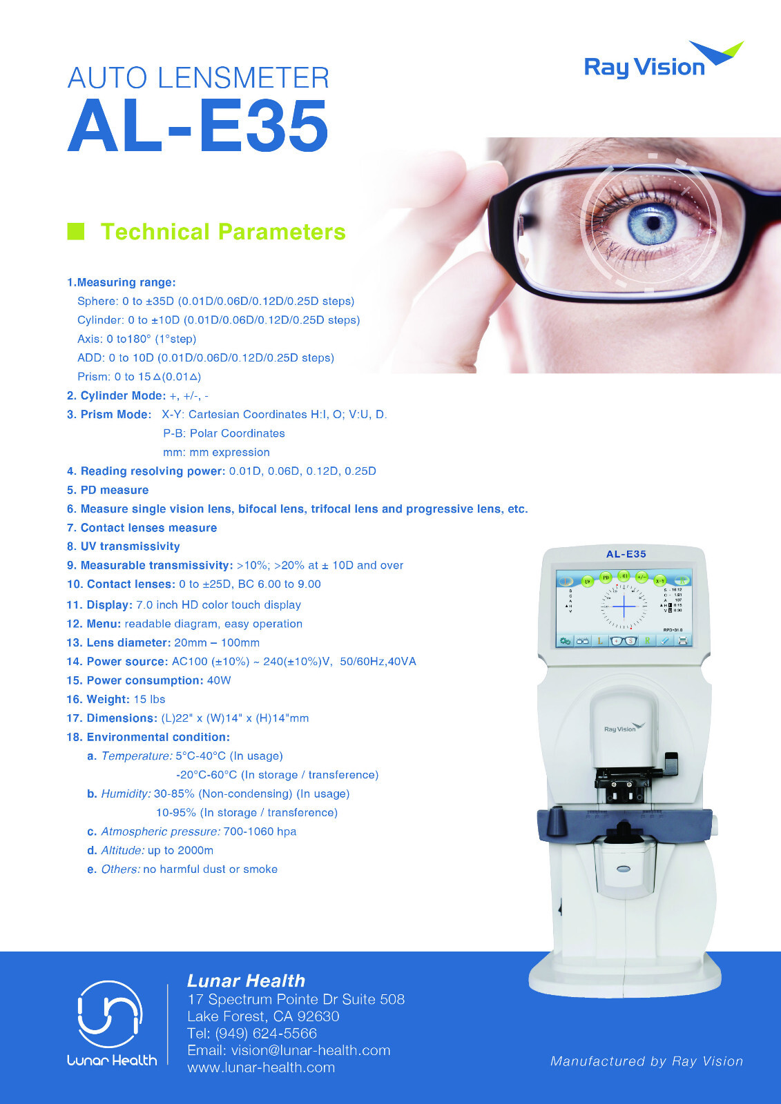 7″ Touch Screen Optic Auto Lensmeter Lensometer PD+UV /w Thermal Printer AL-E35